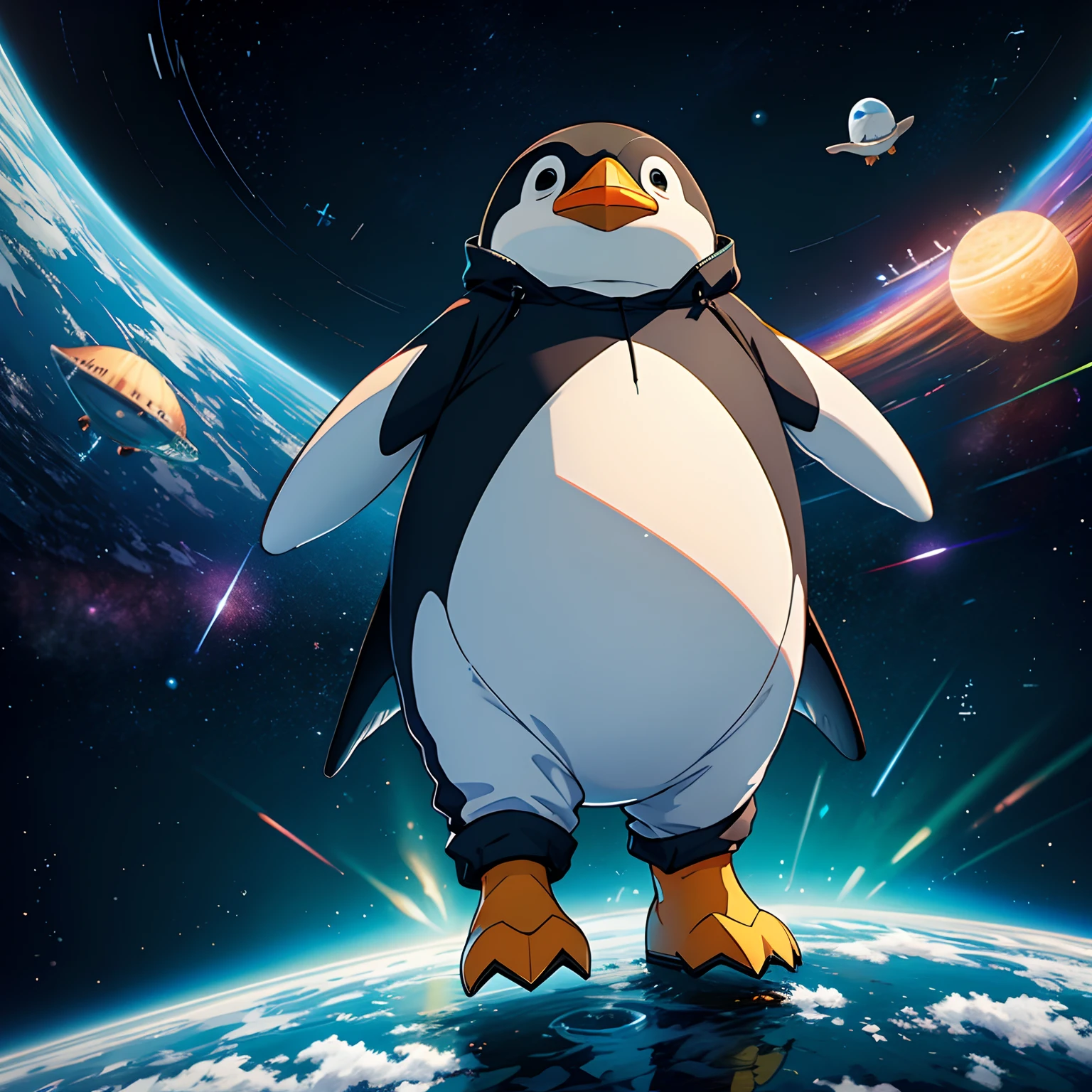 A chubby penguin,, Stand in virtual space,Science fiction image,future