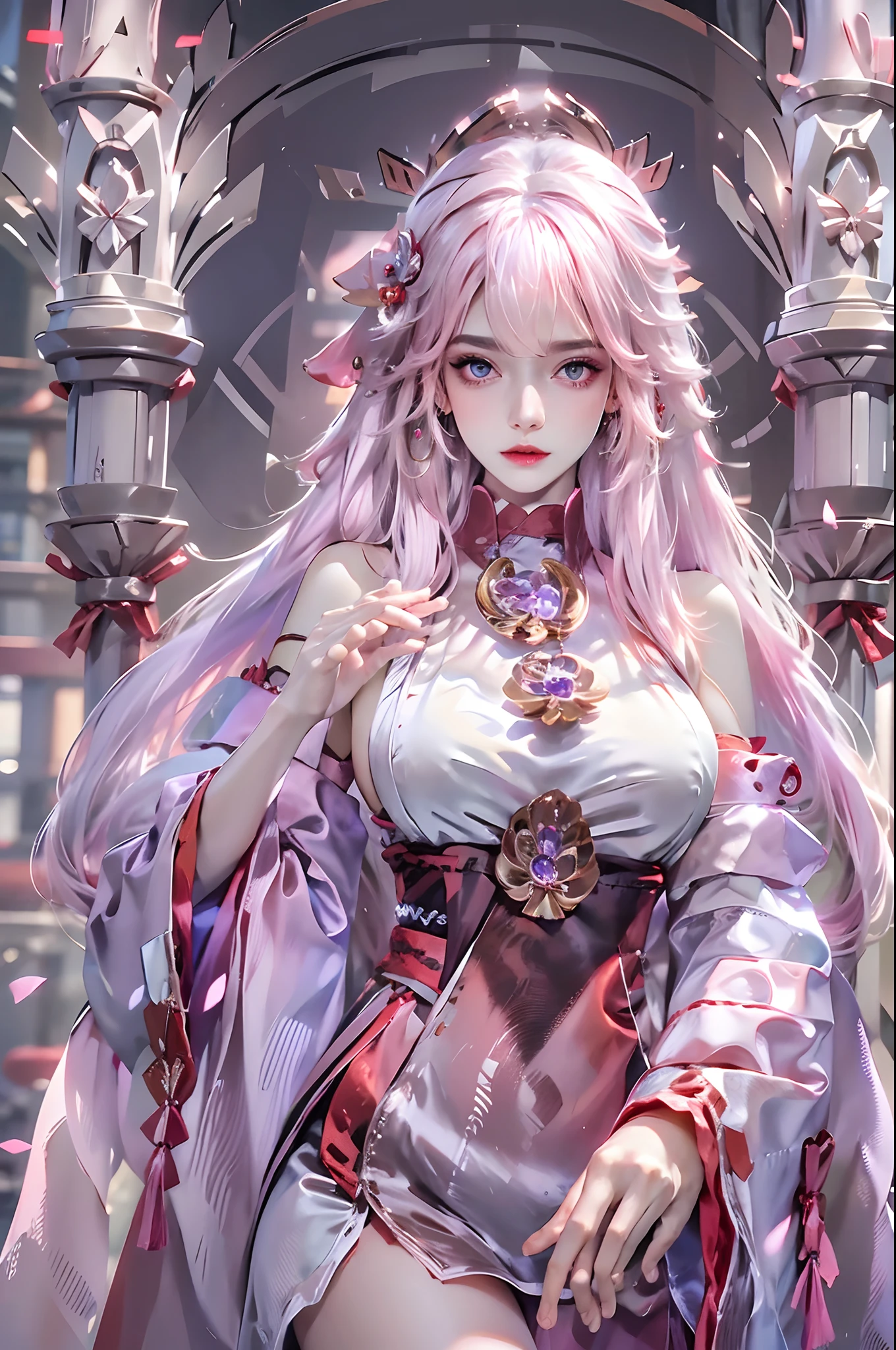 photorealistic, high resolution, 1 woman, white hair, hips up, yae miko, audult, detached sleeves, bare shoulders, pink hair, long hair, best quality, (hair ornament:1.35), jewelry, purple eyes, earrings,