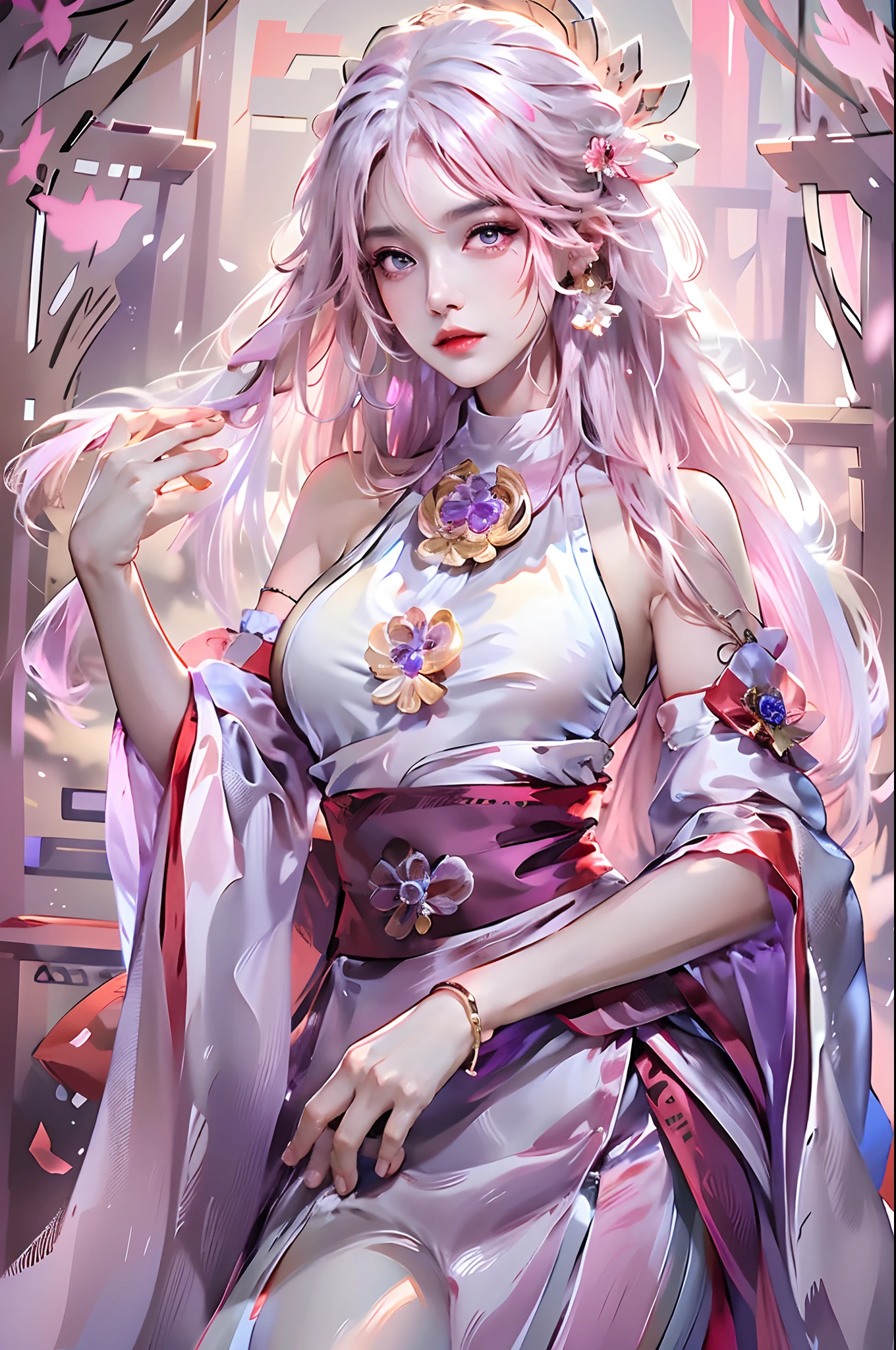 photorealistic, high resolution, 1 woman, white hair, hips up, yae miko, audult, detached sleeves, bare shoulders, pink hair, long hair, best quality, (hair ornament:1.35), jewelry, purple eyes, earrings,