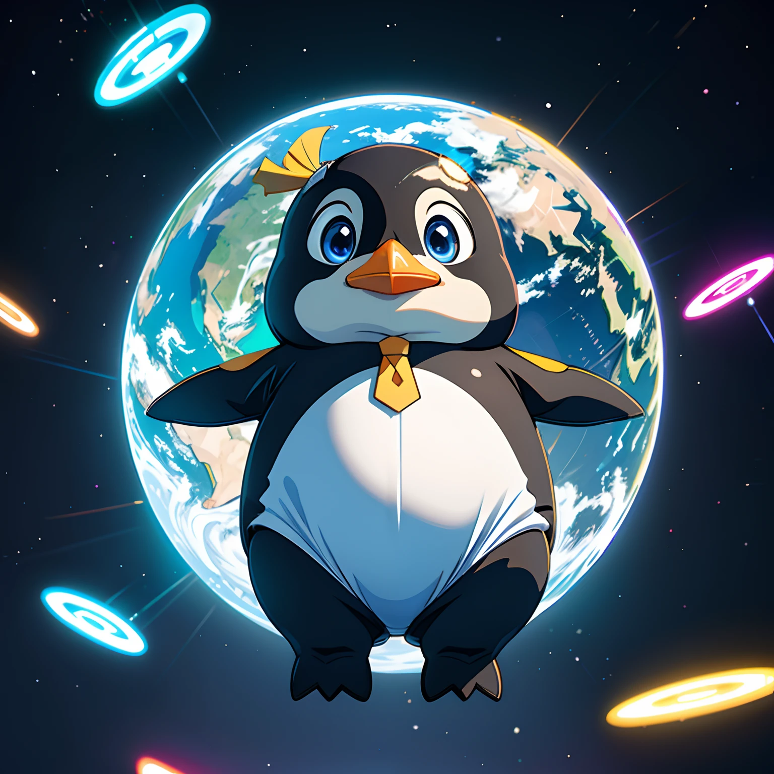 A chubby penguin，, Stand in virtual space，suspended in mid-air，Science fiction image，future