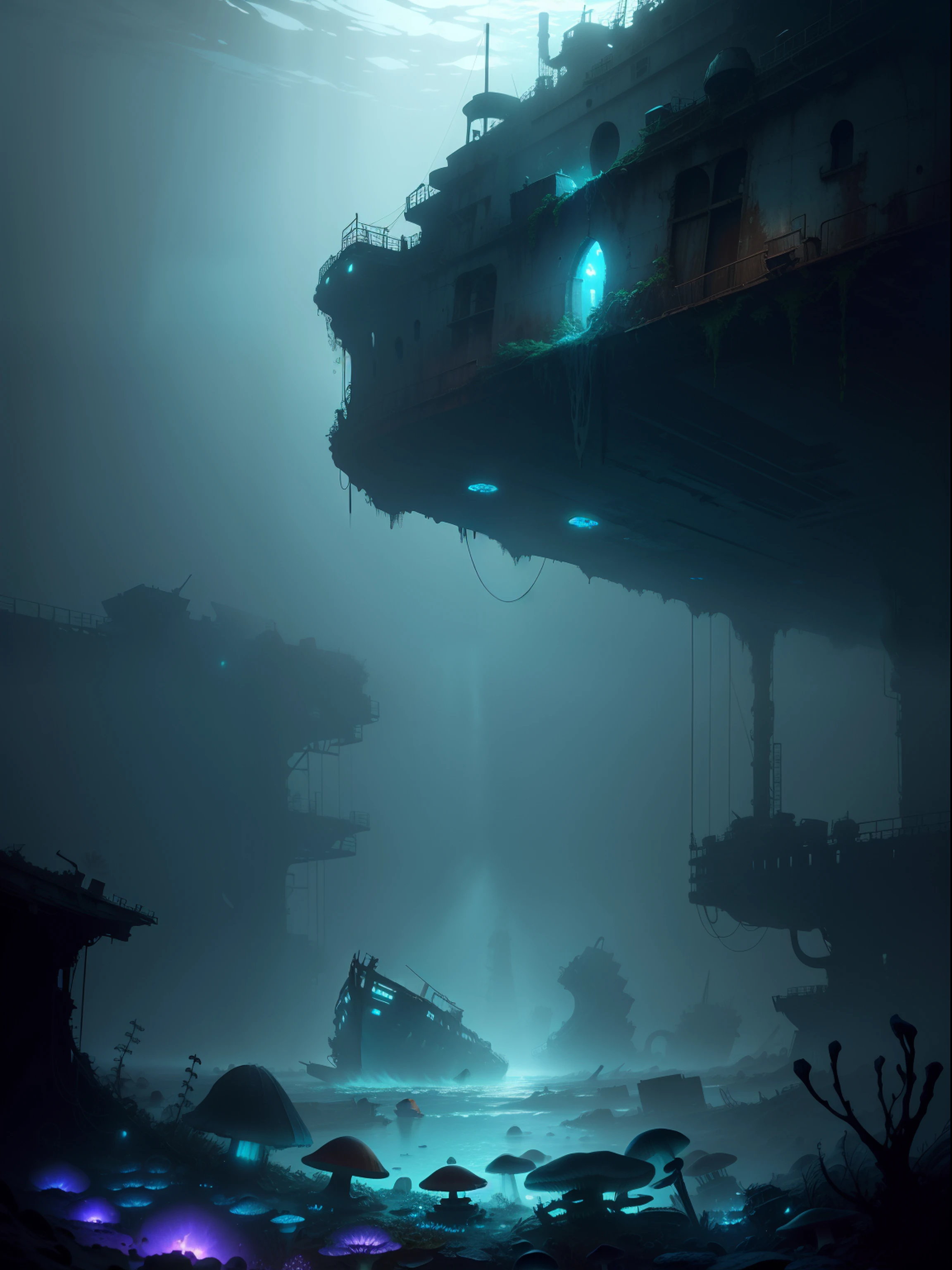 A sunken cargo ship deep underwater, Almost nothing is visible, Obscurity, rotten hull of the ship, overgrown with glowing mushrooms, Debris around, Mariana Trench