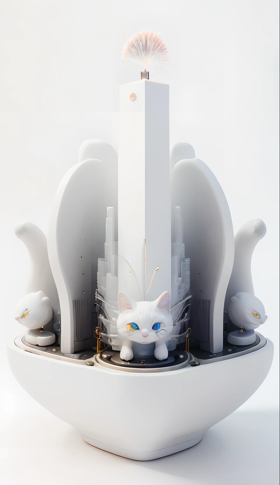 (white_background:1.5),(full photo,)white theme,fireworks making Jelly Cat, hd, ultra detailed, realistic, masterpiece,no_humans,science fiction,white background,white light show