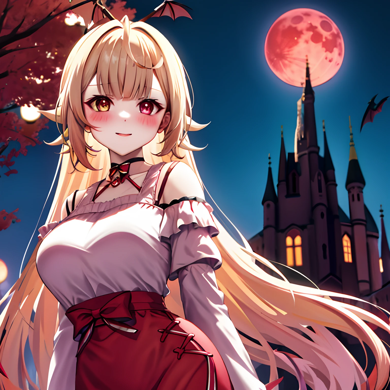 One beautiful vampire girl、Red moon and castle on background、A sexy、red blush、doress、off shoulders、bat wings、
