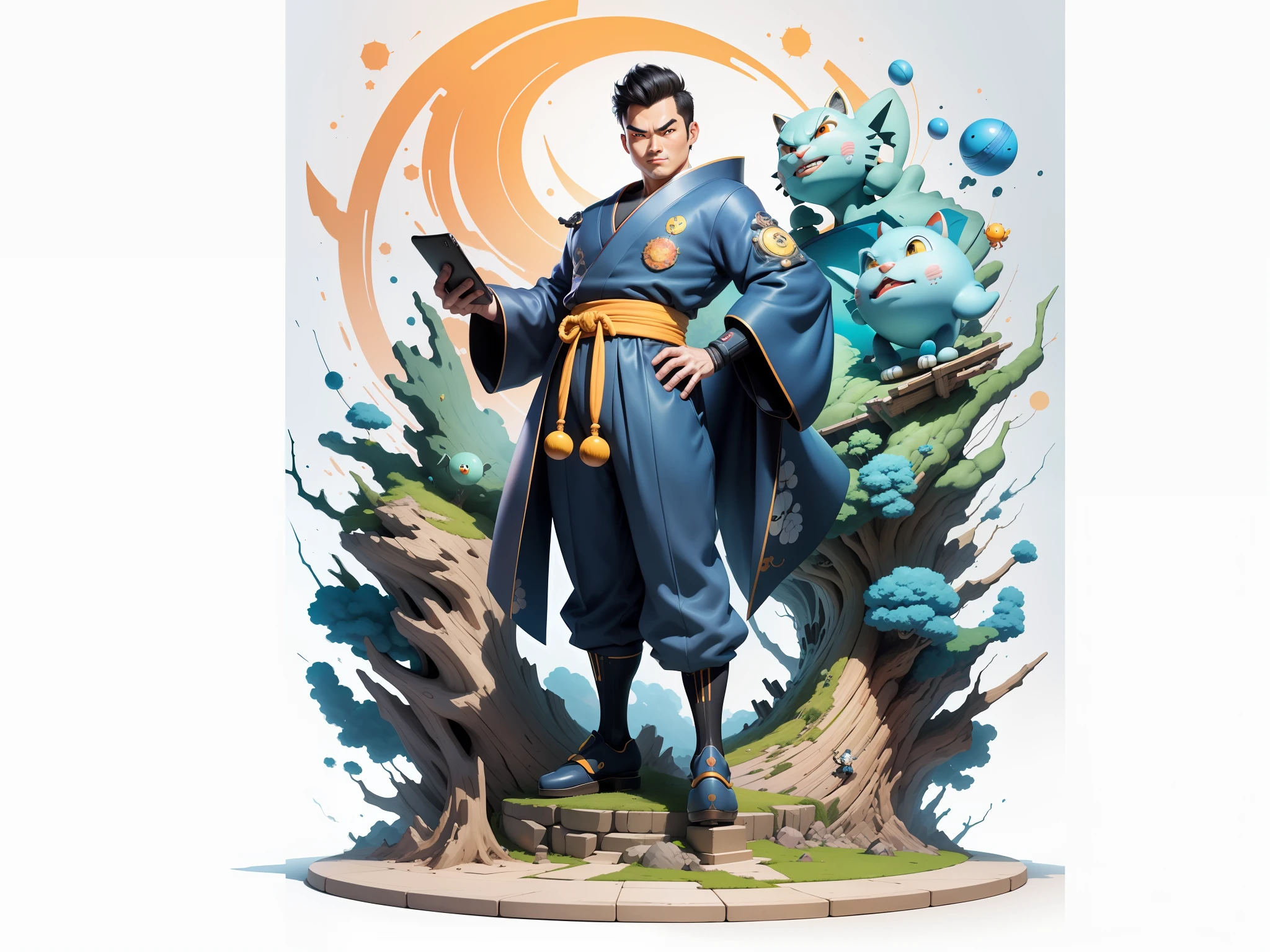 (Masterpiece), (Excellent), (Super Meticulous), (Full Body: 1.2), Super Young Man, Oriental Face, Japanese Kimono, Japanese Wind Thunder God, Dragon, Tiger, TV Anchor, Bust Portrait Illustration, Alone, Black Suit, Blue Tie, Slightly Chubby Face, Very Clean Face, No Beard, Black Super Short Hair, Black Eyes, Confident Smile, 3c Computer Sub-Products, iPad, iPhone, Digital Painting, 3D Character Design by Akira Toriyama and Mark Claireden and Pixar and Hayao Miyazaki, The illustration is a high-definition illustration in 4K resolution with very detailed facial features and cartoon-style visuals.