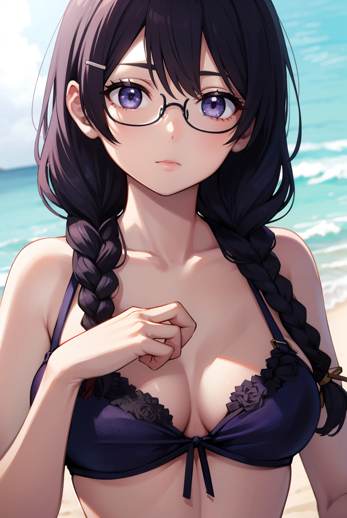 hanekawatsubasa, hanekawa tsubasa, long hair, black hair, hair ornament, (purple eyes:1.1), braid, hairclip, twin braids, glasses,
BREAK bikini,
BREAK outdoors, beach,
BREAK looking at viewer, BREAK (masterpiece:1.2), best quality, high resolution, unity 8k wallpaper, (illustration:0.8), (beautiful detailed eyes:1.6), extremely detailed face, perfect lighting, extremely detailed CG, (perfect hands, perfect anatomy),