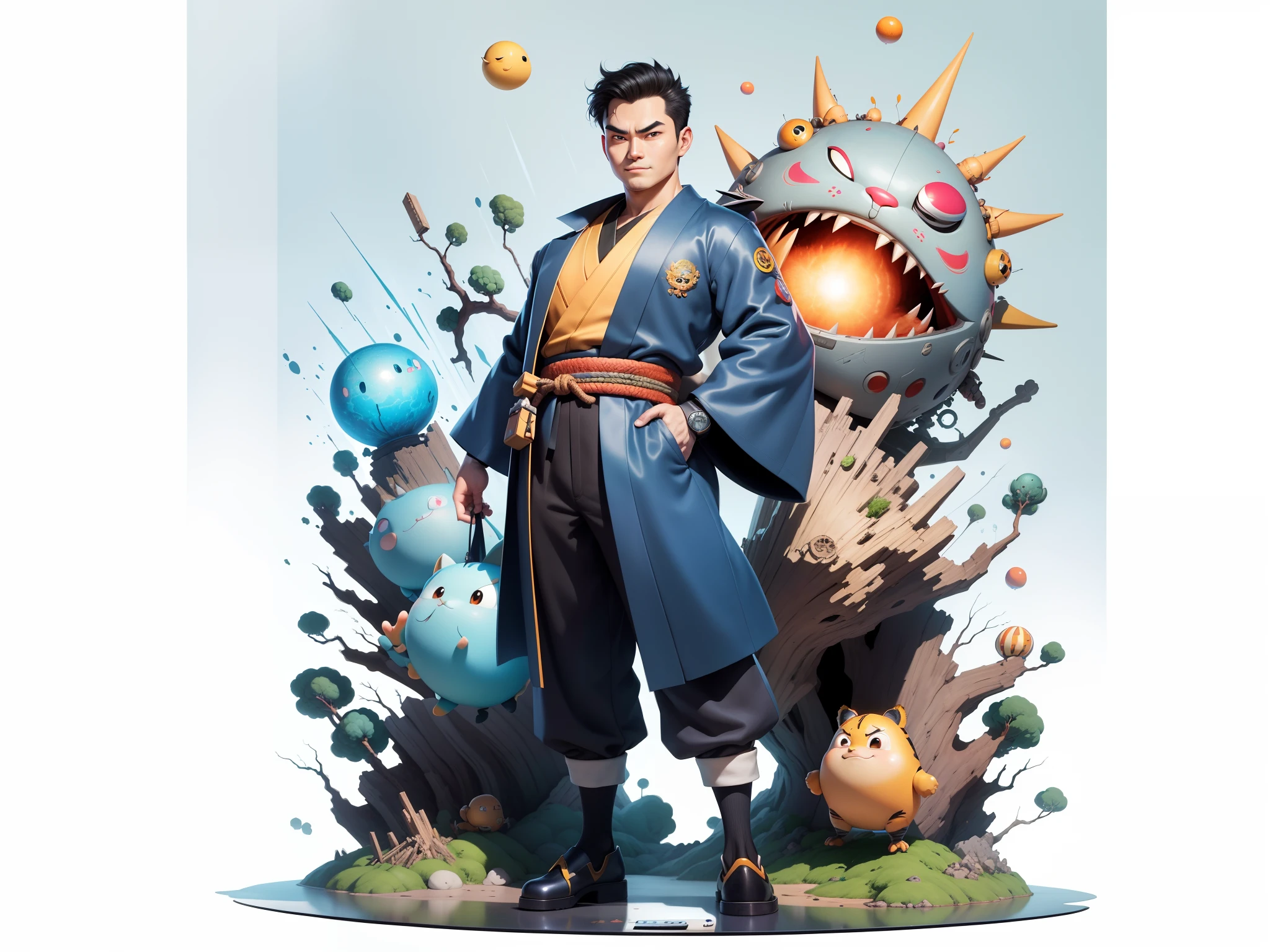(Masterpiece), (Excellent), (Super Meticulous), (Full Body: 1.2), Super Young Man, Oriental Face, Japanese Kimono, Japanese Wind Thunder God, Dragon, Tiger, TV Anchor, Bust Portrait Illustration, Alone, Black Suit, Blue Tie, Slightly Chubby Face, Very Clean Face, No Beard, Black Super Short Hair, Black Eyes, Confident Smile, 3c Computer Sub-Products, iPad, iPhone, Digital Painting, 3D Character Design by Akira Toriyama and Mark Claireden and Pixar and Hayao Miyazaki, The illustration is a high-definition illustration in 4K resolution with very detailed facial features and cartoon-style visuals.