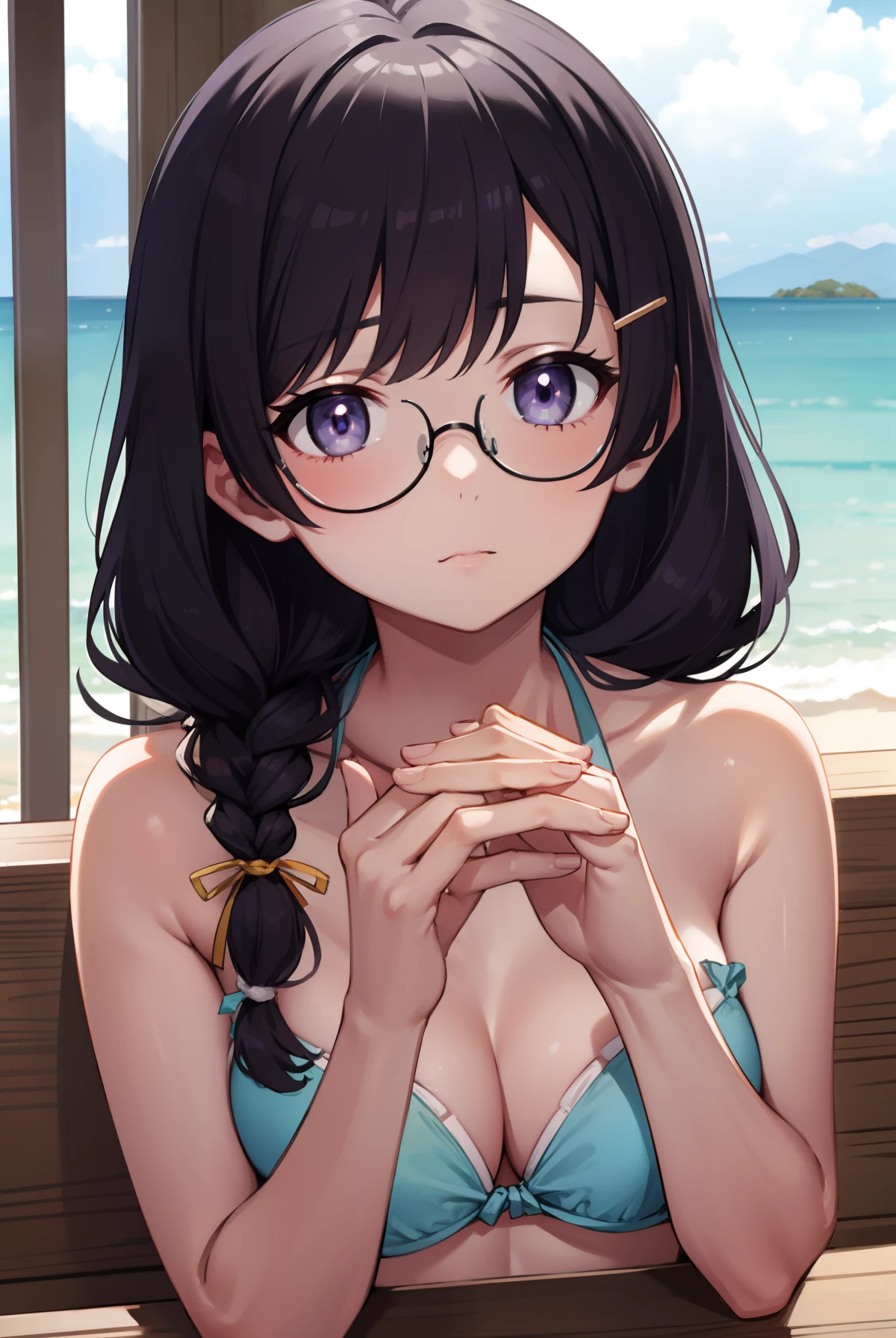 hanekawatsubasa, hanekawa tsubasa, long hair, black hair, hair ornament, (purple eyes:1.1), braid, hairclip, twin braids, glasses,
BREAK bikini,
BREAK outdoors, beach,
BREAK looking at viewer, BREAK (masterpiece:1.2), best quality, high resolution, unity 8k wallpaper, (illustration:0.8), (beautiful detailed eyes:1.6), extremely detailed face, perfect lighting, extremely detailed CG, (perfect hands, perfect anatomy),