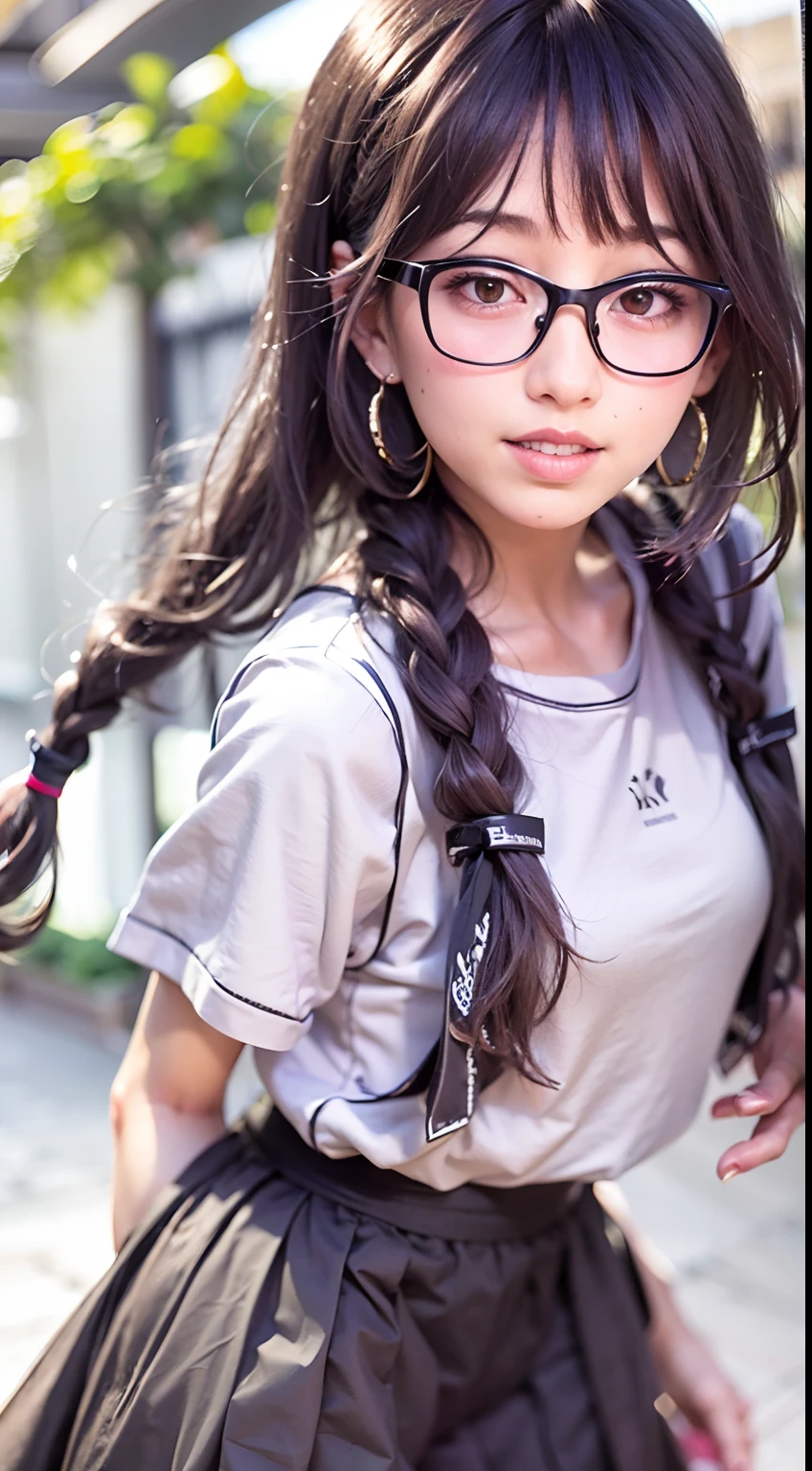 {{{masterpiece}}}, {{{best quality}}}, {{ultra-detailed}}, {illustration}, {{an extremely delicate and beautiful}},
(Best quality, 8k, 32k, Masterpiece, UHD:1.2),Photo of Pretty Japanese woman, top quality, , best quality, realistic, unity, 8k wallpaper, official art, extremely detailed  wallpaper,1girl,((boyish)),13yo, beautiful teeth,solo,gal,dark skin,very absurdly long hair,(Updo Braid hair:1.5),(white hair:1.5),misaligned ,(sweaty skin:1.2),glasses,earrings,Jacket,(blunt bangs:1.2),looking at viewer, (smile:1.5),(high detailed skin),realistic body,((stoop)),( small breasts),(nipples:1.1), cute girl, famous japanese idol,(downblouse),(loose t-shirt),(loose skart),(low view),(wide view),( school uniform:1.3),(skirt lift by myself:1.5),(panties shot:1.5),(show off panties:1.5),(white panties)
leaning forward,,