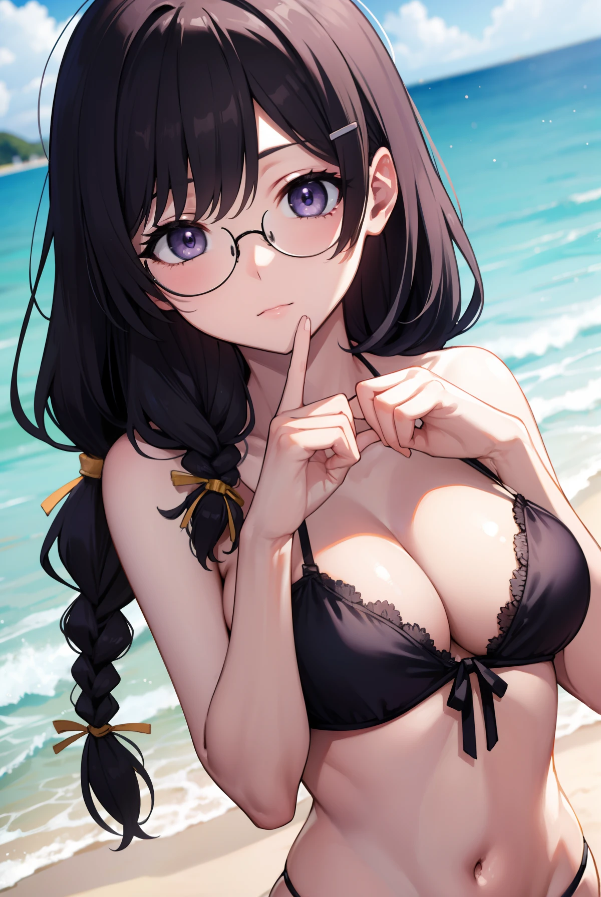 hanekawatsubasa, hanekawa tsubasa, long hair, black hair, hair ornament, (purple eyes:1.1), braid, hairclip, twin braids, glasses,
BREAK bikini,
BREAK outdoors, beach,
BREAK looking at viewer, BREAK (masterpiece:1.2), best quality, high resolution, unity 8k wallpaper, (illustration:0.8), (beautiful detailed eyes:1.6), extremely detailed face, perfect lighting, extremely detailed CG, (perfect hands, perfect anatomy),