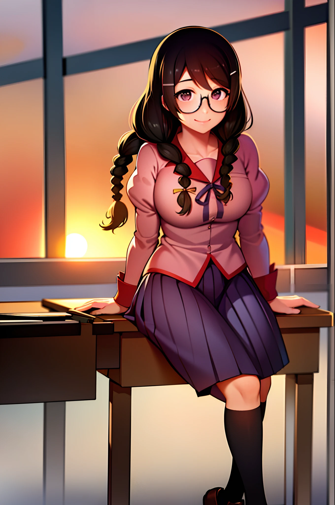 hanekawaTsubasa, masterpiece, best quality, absurdres, 1girl, looking at viewer, sitting, classroom, sunset, desk, pov, school uniform, glasses, twin braids, smile, pen, pencil, open book, paper