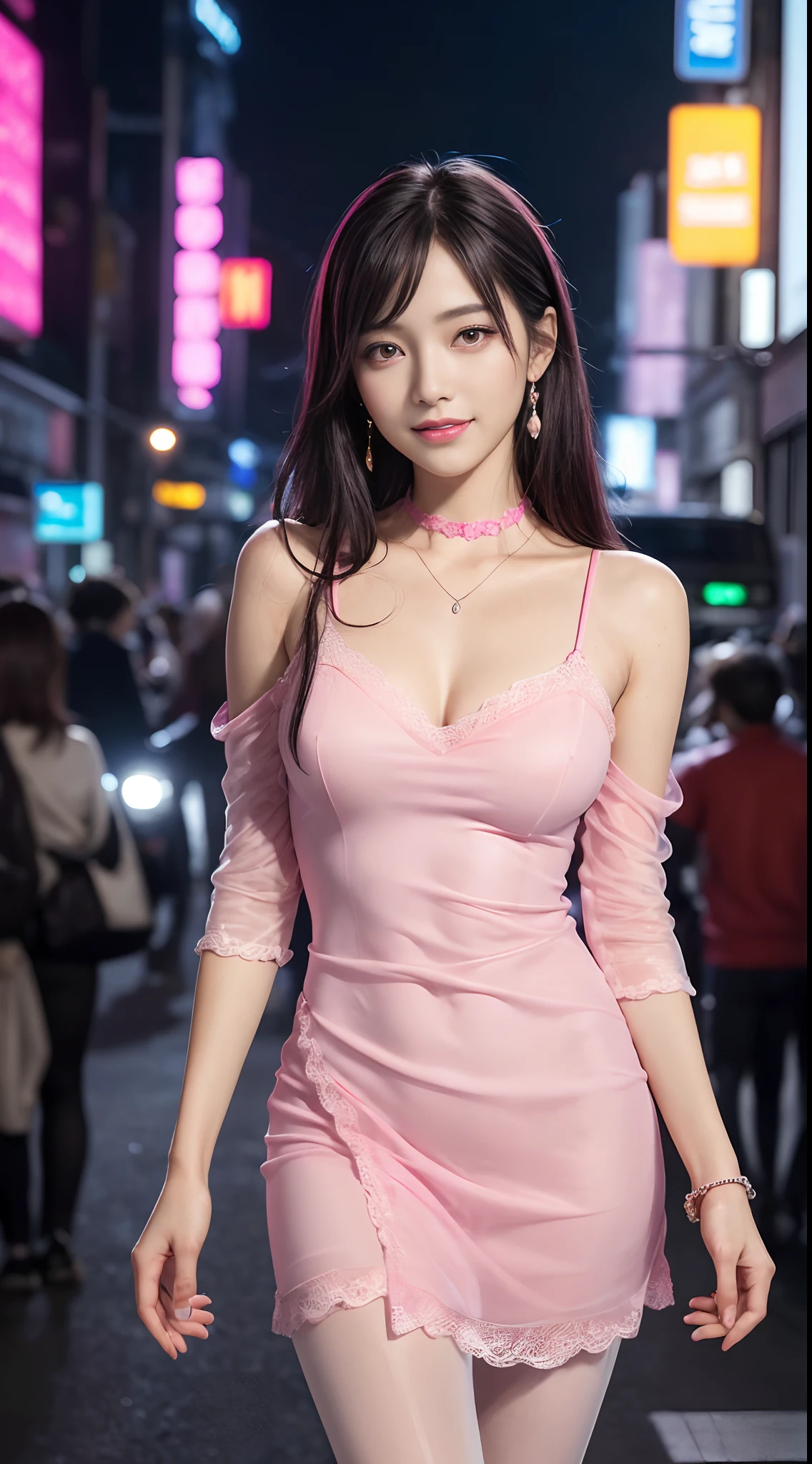 8k, masterpiece, RAW photo, best quality, photorealistic, extremely detailed CG unity 8k wallpaper, Depth of field, Cinematic Light, Lens Flare, Ray tracing, (extremely beautiful face, beautiful lips, beautiful eyes), intricate detail face, ((ultra detailed skin)) 1girl, in the dark, deep shadow, pretty korean girl, kpop idol,(very slim slender fit-muscled body:1.3), ((looking at viewer)),(big smile:1.3), (tight mini dress), (shot sleeve) , (fashion city night, (neon sign), (big building), fashion street night),(no people), (without people in the background:1.3), pretty korean girl, white diamond earrings, dia bracelets, dia necklace, pantyhose, clear eyes, walking , front shot, (pale skin), face forward, (big eyes), ((upper body shot)), ((flowing Laced:1.2)), ((hot pink color dress:1.3)), (looking at viewer:1.3), (see through)