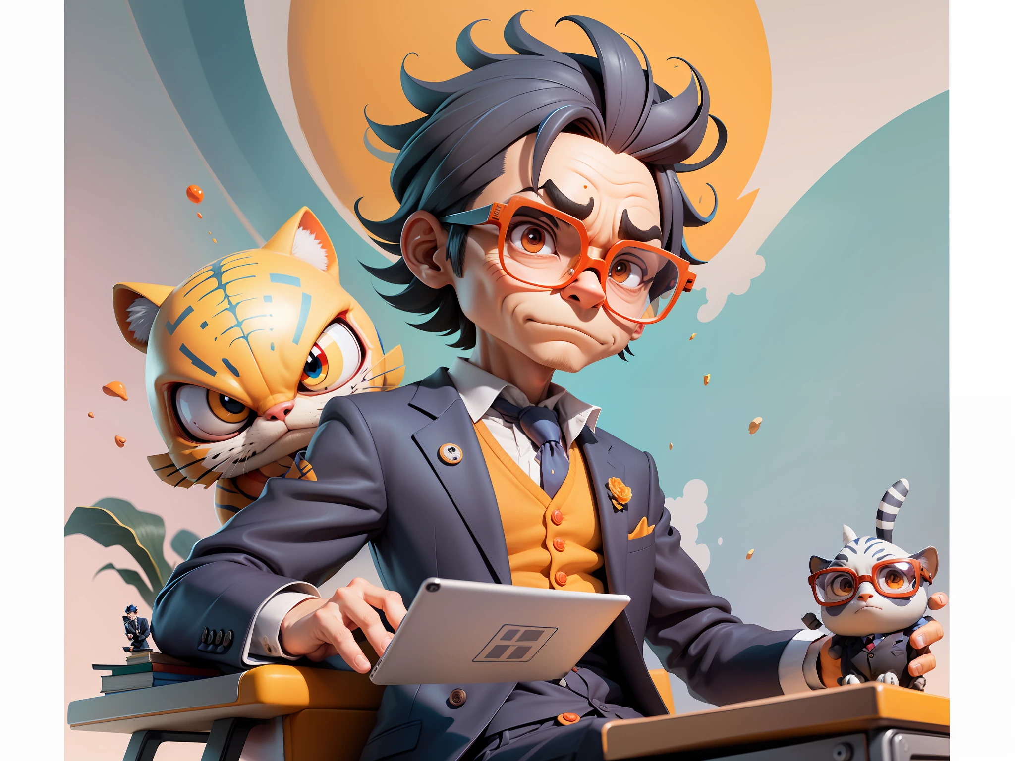 A young man in a suit, Short hair and glasses sat at his desk，holding laptop，digitial painting，tigre，3D character design by Mark Clairen and Pixar and Hayao Miyazaki and Akira Toriyama，4K HD illustration，Very detailed facial features and cartoon-style visuals。