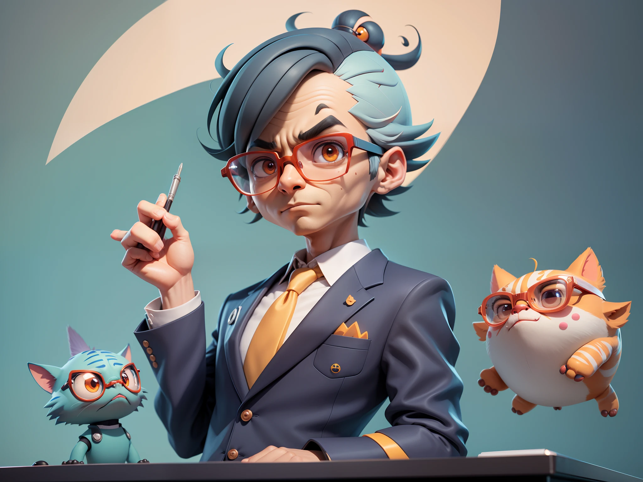 A young man in a suit, Short hair and glasses sat at his desk，holding laptop，digitial painting，tigre，3D character design by Mark Clairen and Pixar and Hayao Miyazaki and Akira Toriyama，4K HD illustration，Very detailed facial features and cartoon-style visuals。