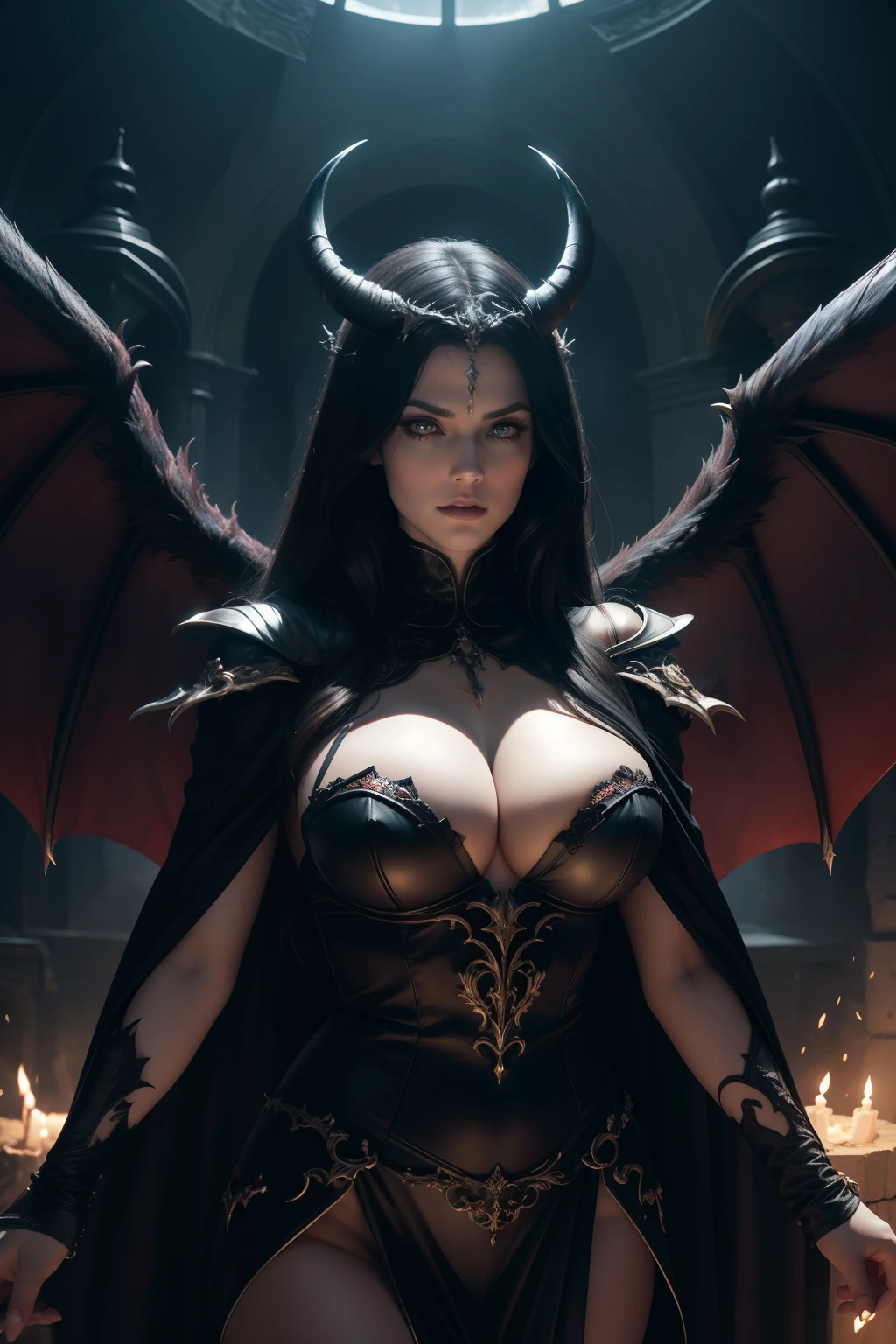 ultra-detailed Lisa Ann as the Empress of Darkness, Background of Hell Destruction, diabolique, insidieux, invincible, couronne sombre, Evil queen, Robe noire et rouge, demon wings dans le dos, Demon horn, Realistic detailed eyes,  Shaded illustration of high-quality cell in hell, corps entier, pose dynamique, anatomie parfaite, centered, Freedom, soul, Approche de la perfection, Ombrage de cellule, 8k , Cinematic dramatic atmosphere, Illumination globale, detailed and intricate environment, ArtStation, Art conceptuel, Mise au point fluide et nette, volumeric lighting, lighting cinematic