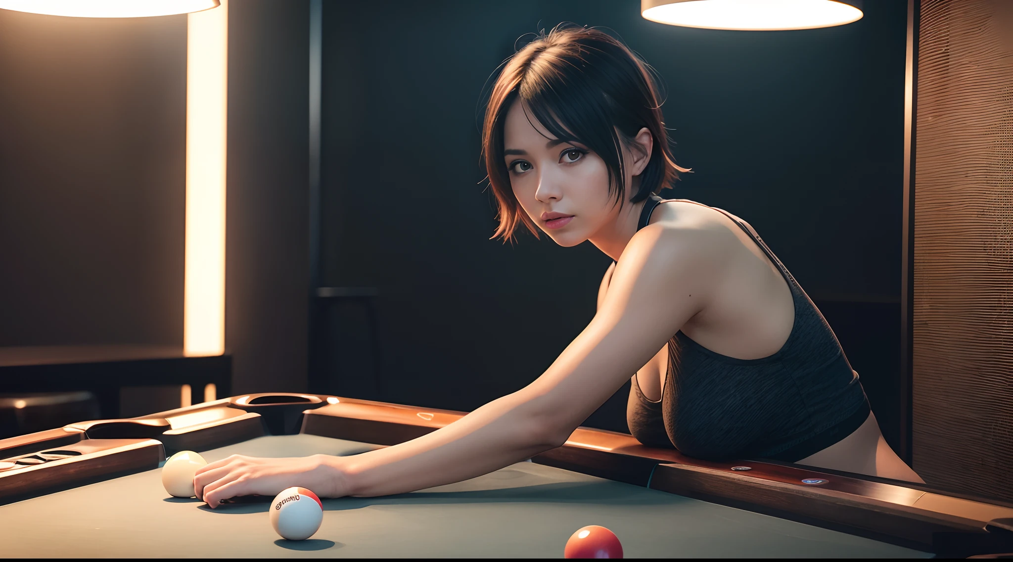 1 girl is short hair, holding a cue, rub chalk, billiard table with 9_ball, billiard_bar background in jukebox with a few neon notes is fly, (steam punk), li core, photorealism, rich colors and dark neon palette, airbrush, midnight, 100 years into the future, extremely fine detail, epic high quality, insanely beautiful texture and skin, ultra quality, cinematic still and lighting, 16k, conceptual contrast, nihilistic, hard-boiled, stylish pose,