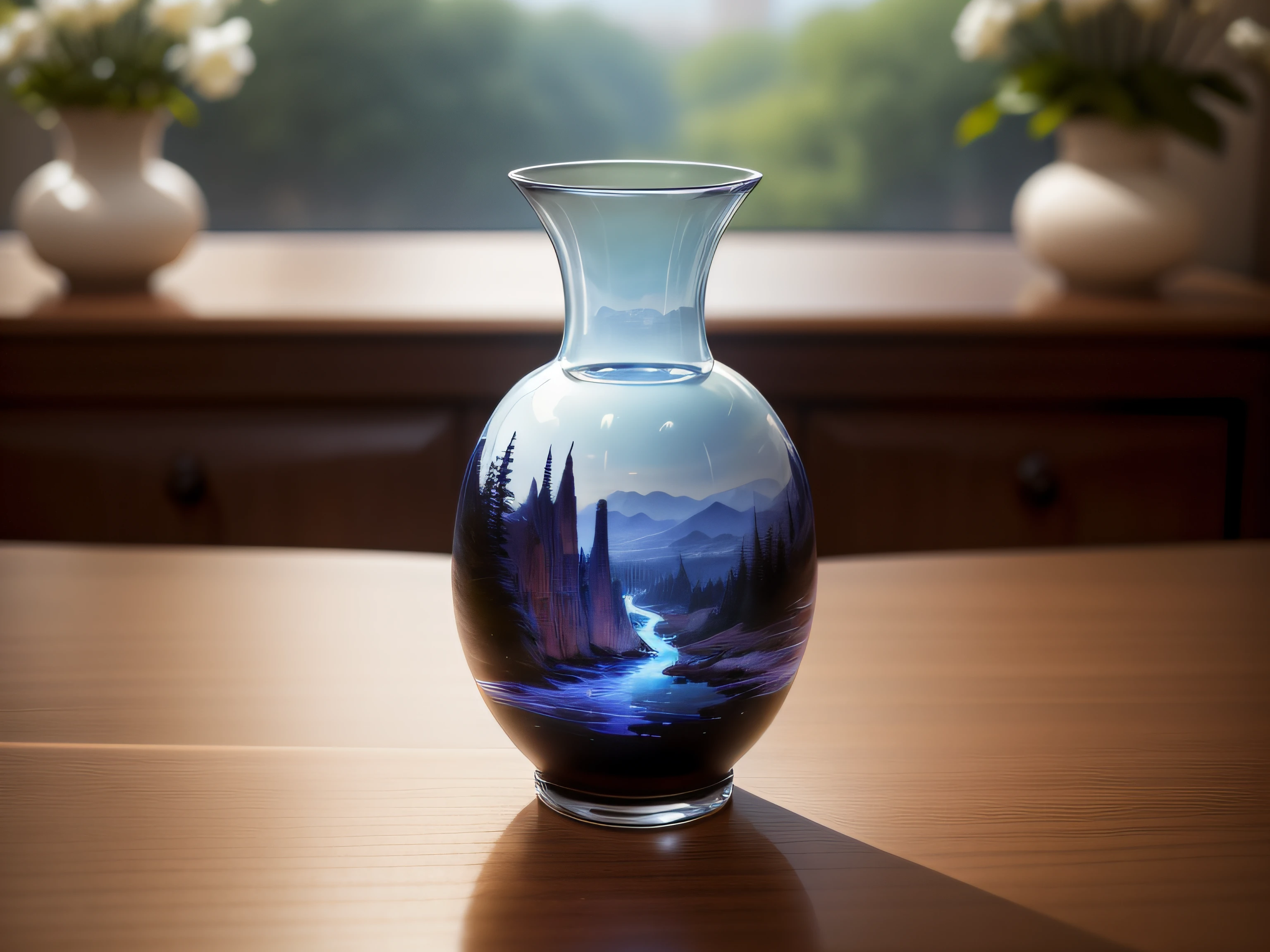 Glass vase、Artwork、No humans、depth of fields、(blurry backround)、​masterpiece、top-quality、The ultra-detailliert