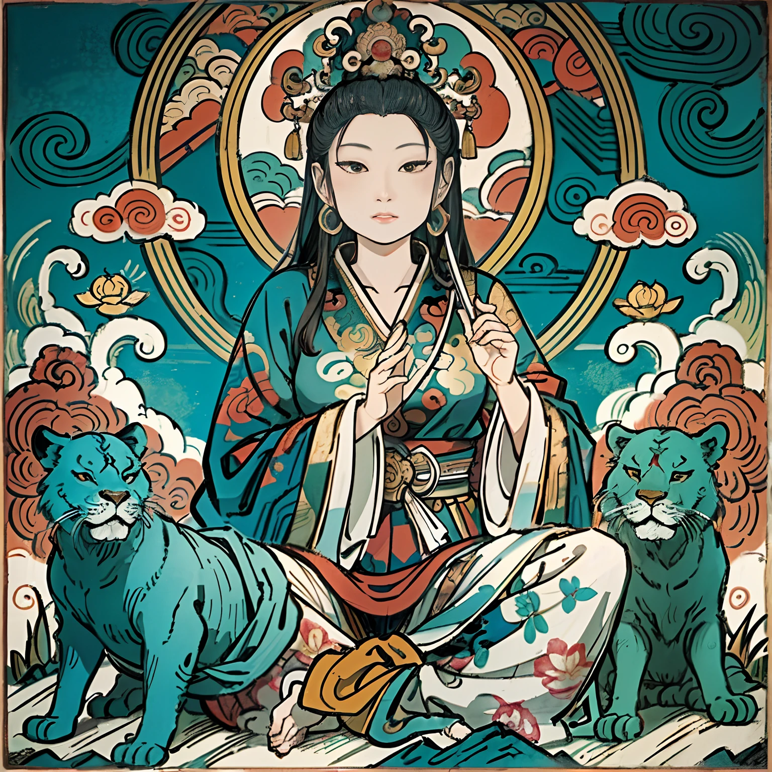 an ancient Chinese goddess, guanyin of the southern seas, Guanyin, Inspired by India, Avalokiteshvara rides a lion，,Serene expression,shui mo hua,Buddha,Buddhist,Lotus,Chinese painting style,Thangka style