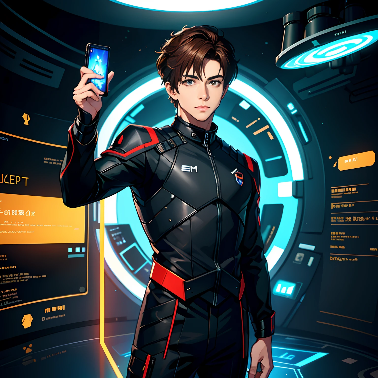 A handsome young man with short brown hair，, Stand in virtual space，Hold the phone in both hands，Handheld，Black gaming suit，Science fiction image，future