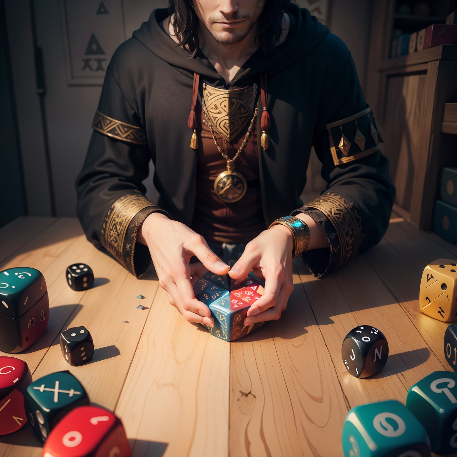 "mystical dice with symbols and runes, evoking the theme of role-playing games and the randomness of choices"