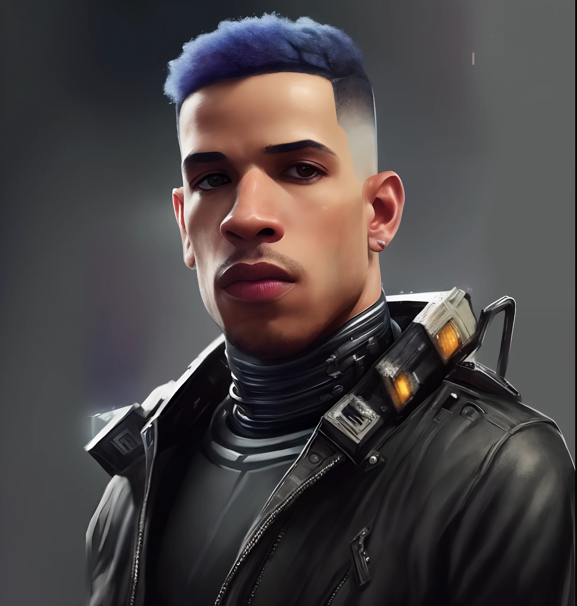 um close up de um homem com um moicano azul e uma jaqueta preta, estilo cyberpunk hiper-realista, corte de cabelo tingido cyberpunk, Retrato de um homem cyberpunk, Retrato de um ciborgue espacial, personagem scifi, Retrato de um ciborgue cyberpunk, 8k portrait render, irreal 5. retrato de rpg, Retrato detalhado de um ciborgue, retrato ciborgue, estilo cyberpunk ， hiper-realista