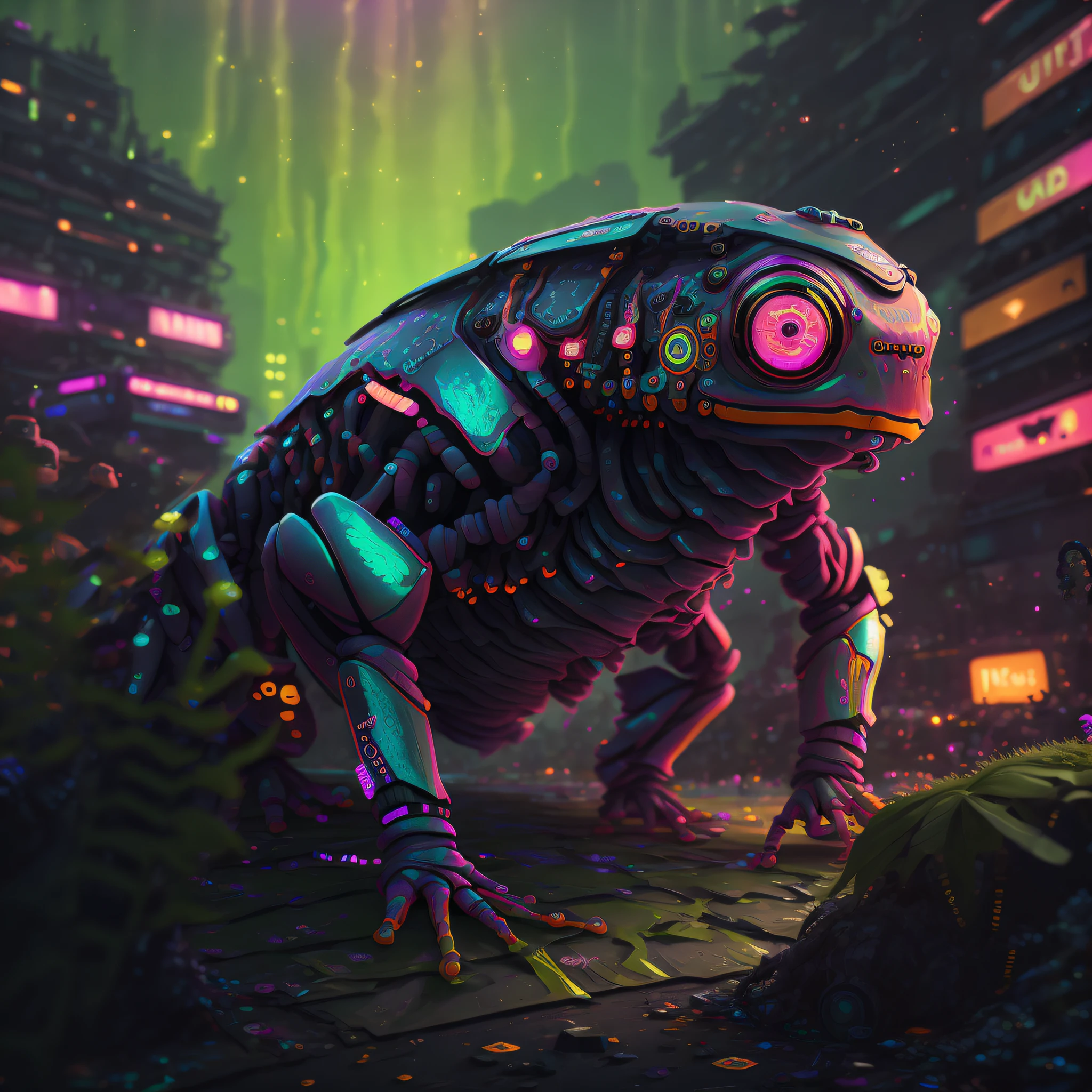 A 3d render of a [frog::creepy alien:8], highly detailed, 8K, stunning, hdr, subsurface scattering, global illumination, cycles, film still, Film-like, bokeh, 3d, RTX, insanely detailed, ornate pattern, fire, embers, ((insect macro)), ((fractal)), volumetric lighting, caustics, 512paintstyle1, Style-Psycho, eonn2, frog