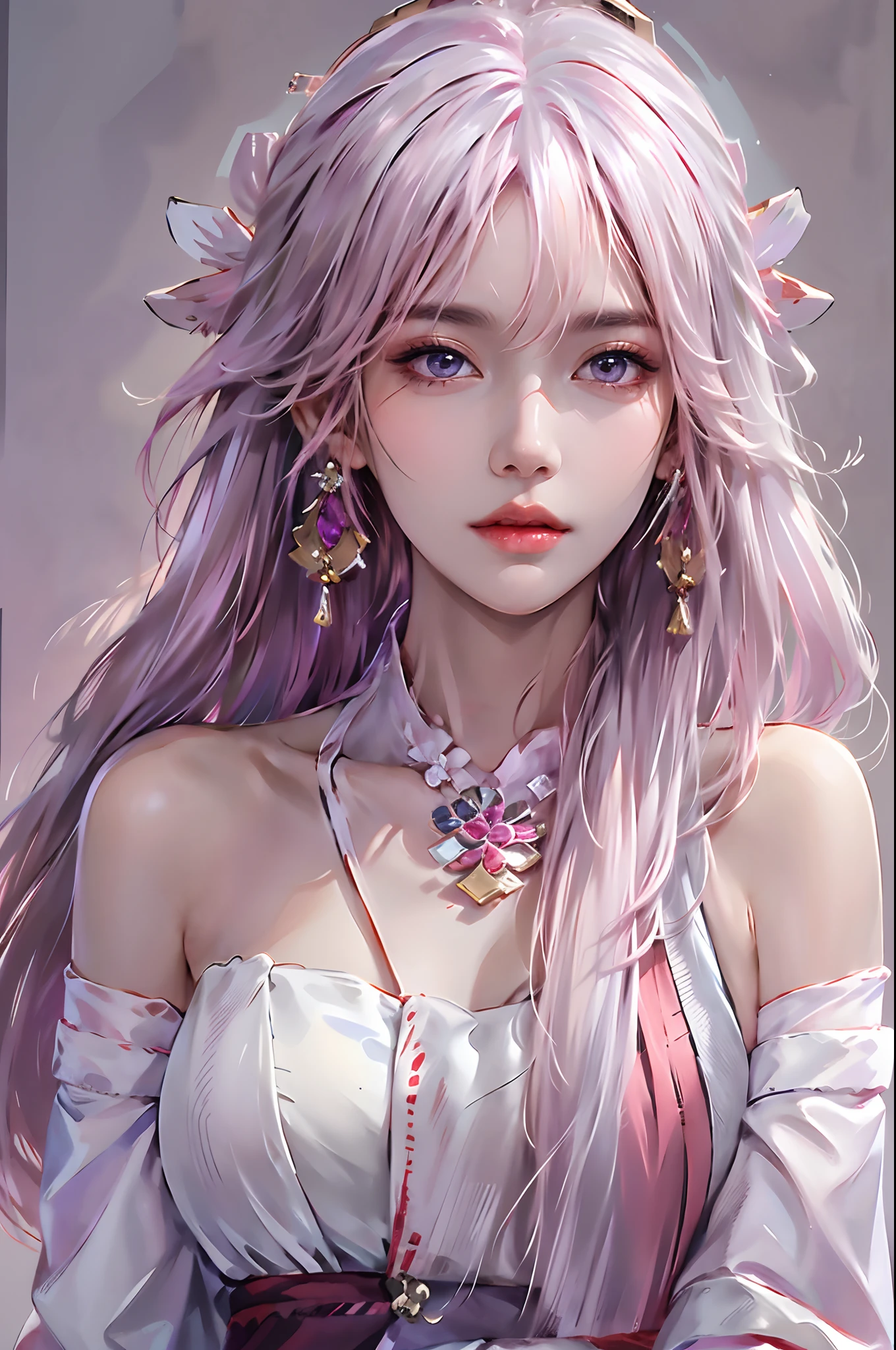 photorealistic, high resolution, 1 woman, white hair, hips up, yae miko, audult, detached sleeves, bare shoulders, pink hair, long hair, best quality, (hair ornament:1.35), jewelry, purple eyes, earrings,