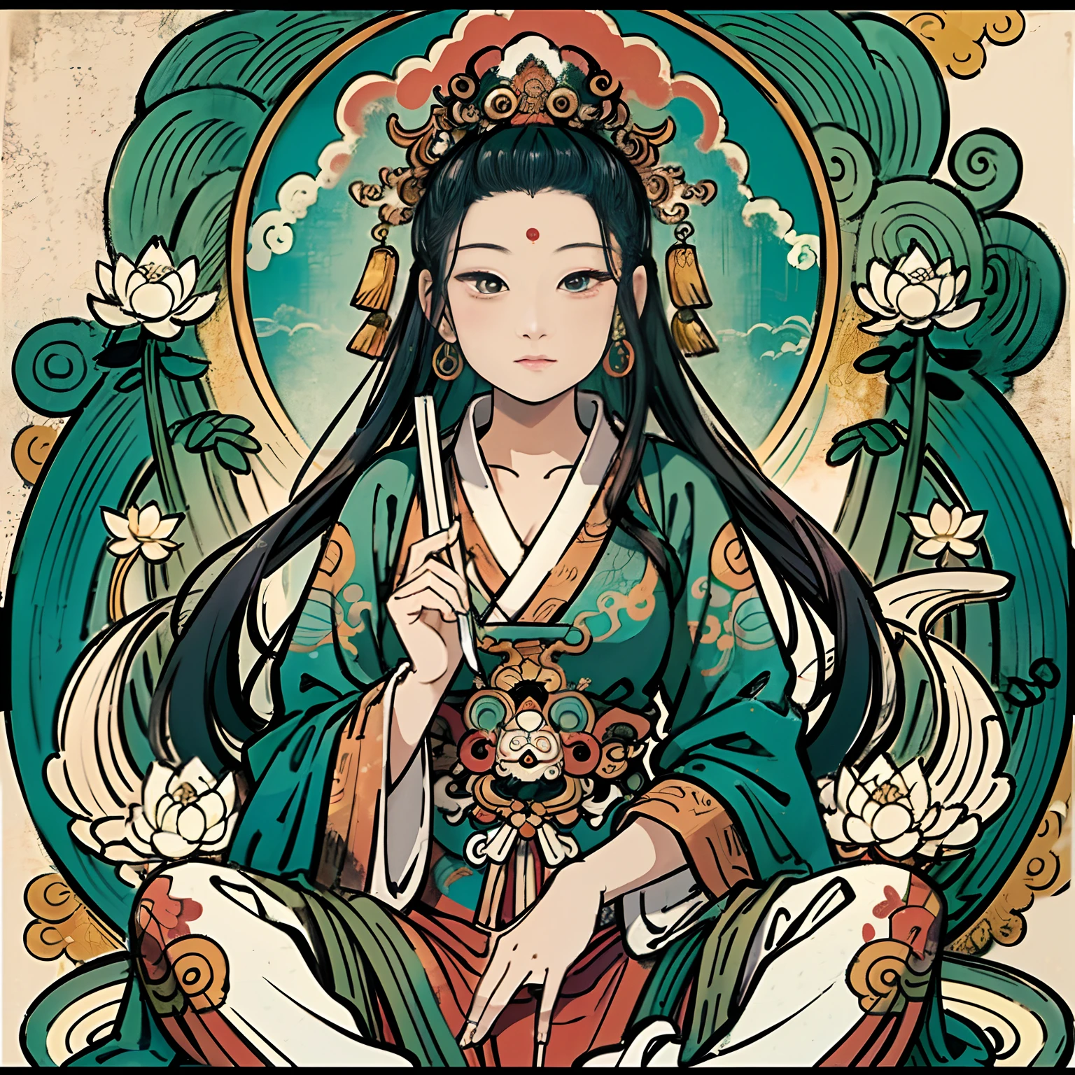 an ancient Chinese goddess, guanyin of the southern seas, Guanyin, Inspired by India, Avalokiteshvara,,Serene expression,shui mo hua,Buddha,Buddhist,Lotus,Chinese painting style,Thangka style