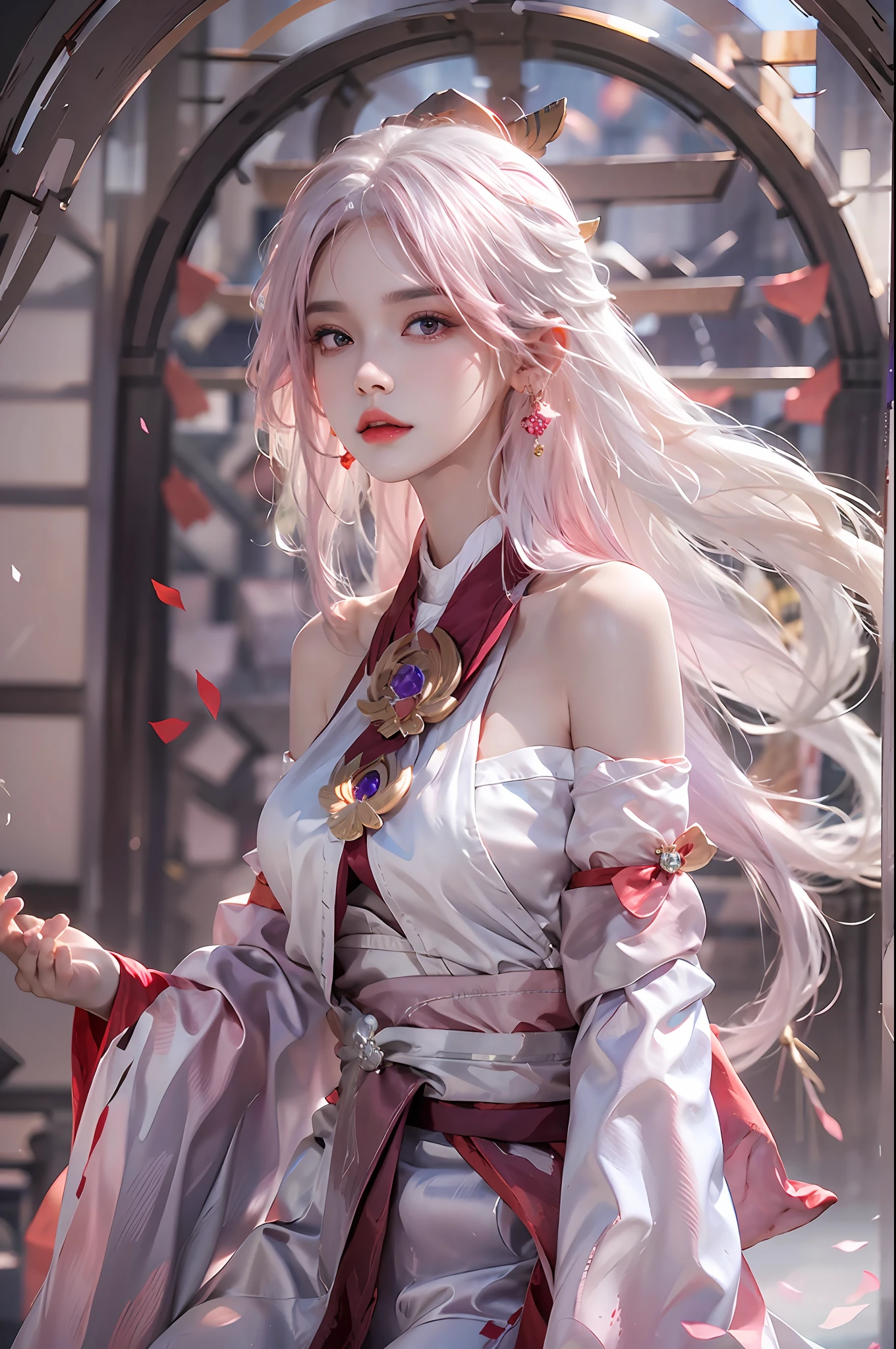 photorealistic, high resolution, 1 woman, white hair, hips up, yae miko, audult, detached sleeves, bare shoulders, pink hair, long hair, best quality, (hair ornament:1.35), jewelry, purple eyes, earrings,