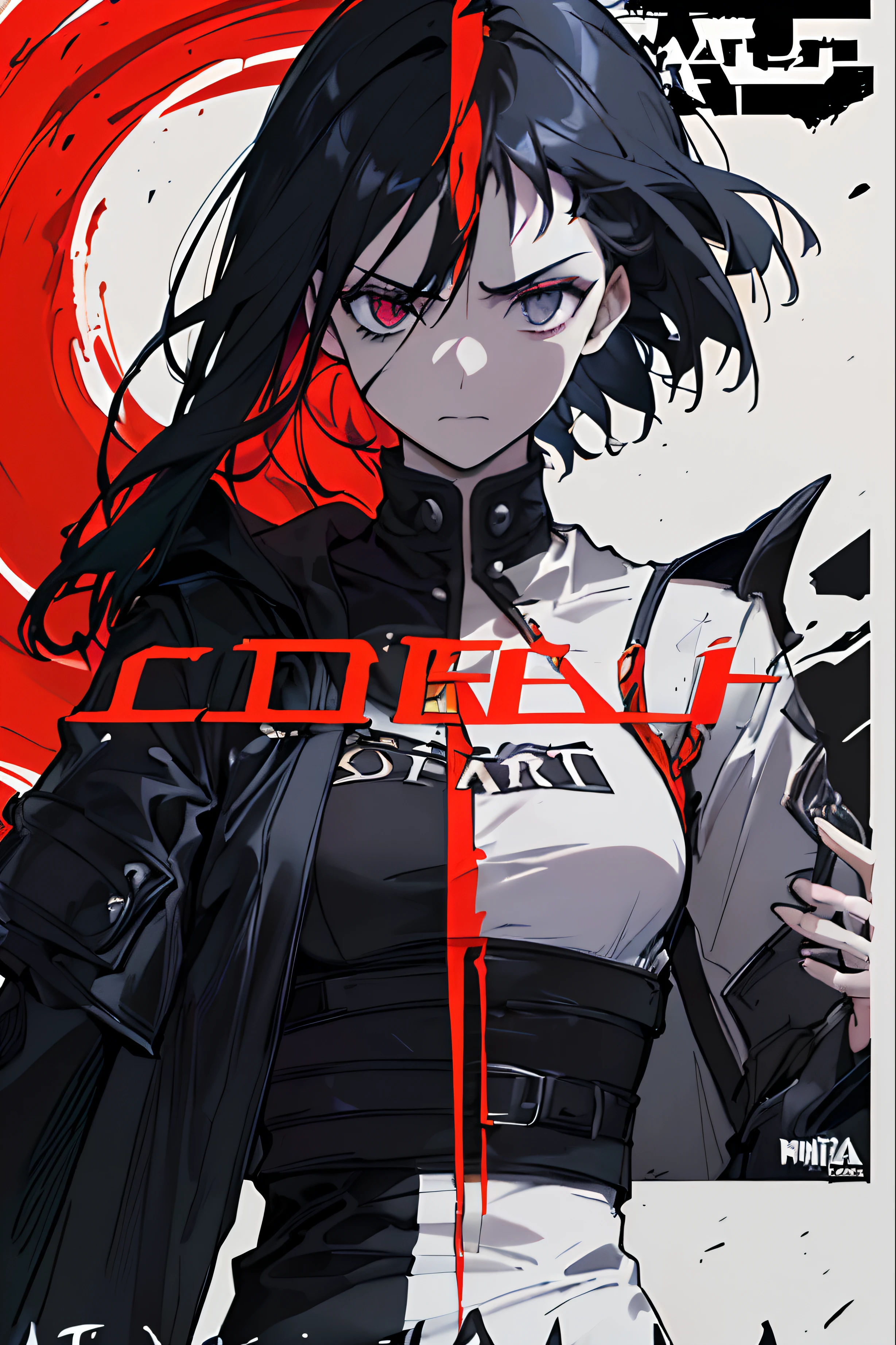 ((((dramatic))), (((gritante))), (((intenso))) cartaz do filme com uma jovem mulher como personagem central. She's confident in the center of the poster, usando uma roupa estilosa e ousada, with a determined expression on his face. The background is dark and gritty, with a sense of danger and intensity. The text is bold and catches the eye, with a catchy tagline that adds to the overall sense of drama and excitement. The color palette is primarily dark with splashes of vibrant color, giving the poster a dynamic and visually striking appearance, tachi-e, iris vermelha escarlate