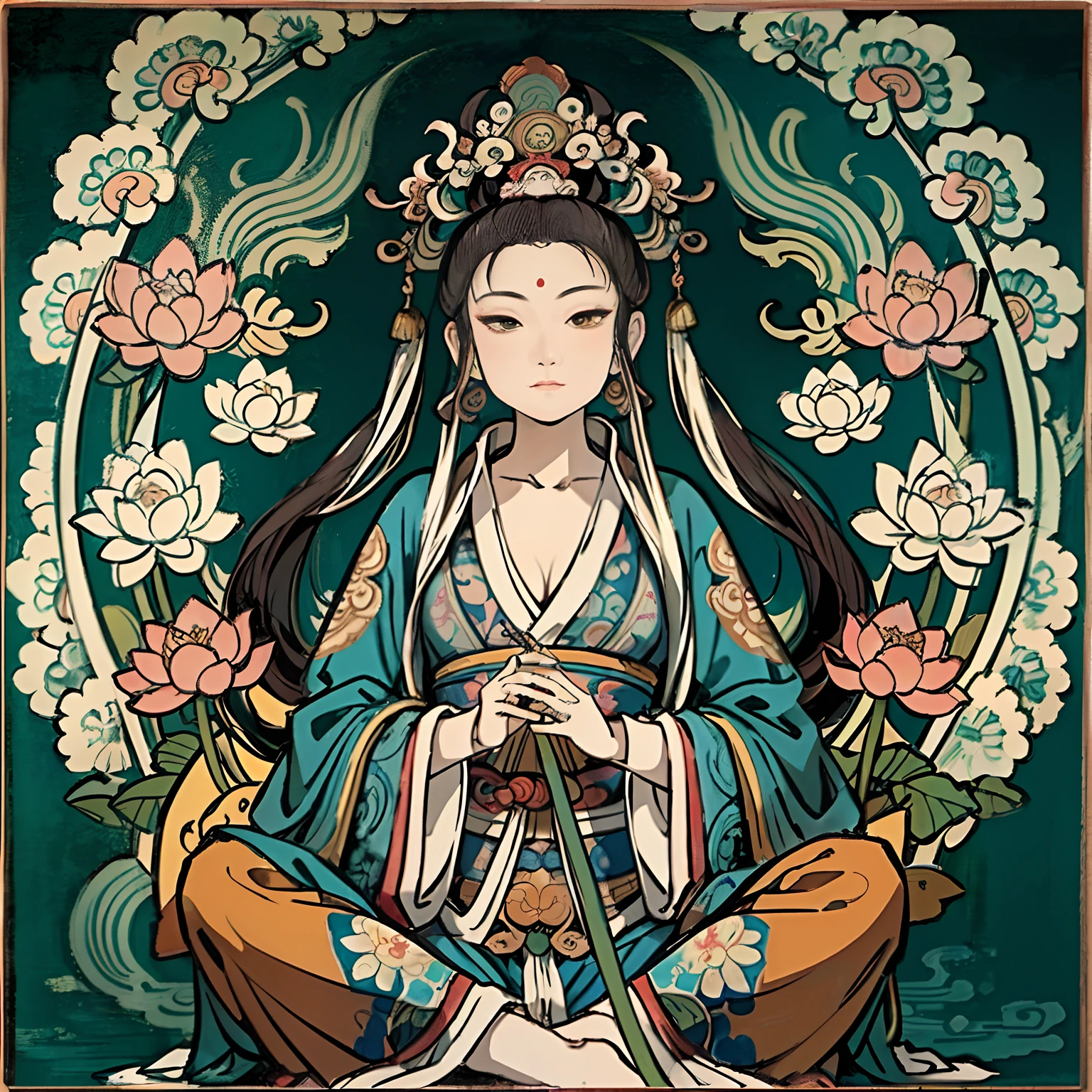 an ancient Chinese goddess, guanyin of the southern seas, Guanyin, Inspired by India, Avalokiteshvara,,Serene expression,shui mo hua,Buddha,Buddhist,Lotus,Chinese painting style,Thangka style