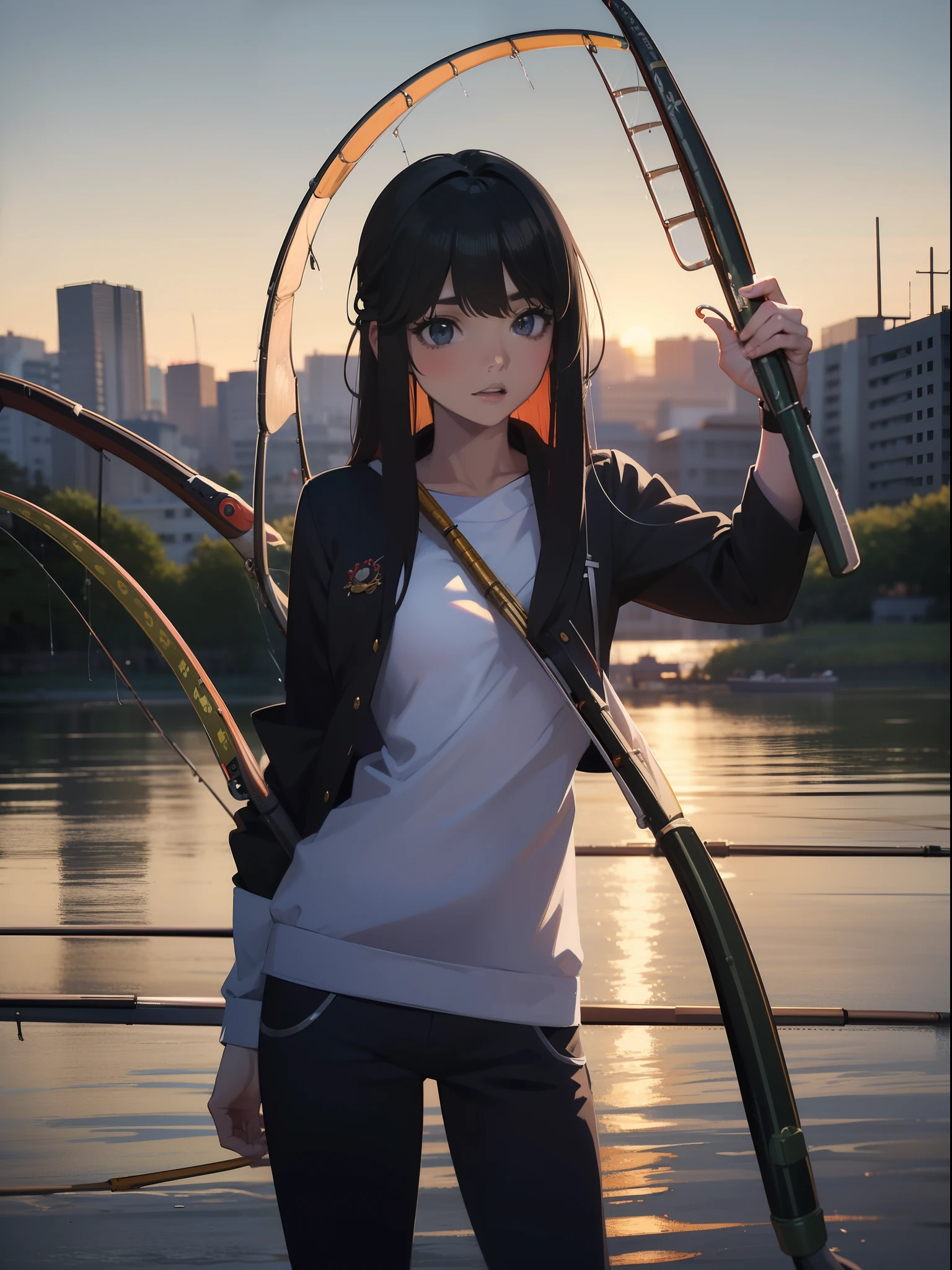 ((((having a fishing rod with a reel by the lakeside)))),((Best Quality, masutepiece :1.3)),(((fishing rod:1.9)))hight resolution,ultra-detailliert,Official art,Beauty and aesthetics,masterpiece,best qualtiy,ighly detailed,1 japanese female,Black hair, long eyeslashes, Solid Circle Eyes, deadpan, drop shadow, Atmospheric perspective,Super Detail, ccurate, Best Quality, small tits,Black jacket,top-quality, 8K, HDR, Hi-Res, absurderes:1.2, blurry backround, bokeh dof:1.2, a picture, (RAW Photography:1.2), (Photorealsitic:1.4), (masterpiece:1.3), (intricate detailes:1.2), Atmospheric perspective,Super Detail, ccurate, Best Quality,