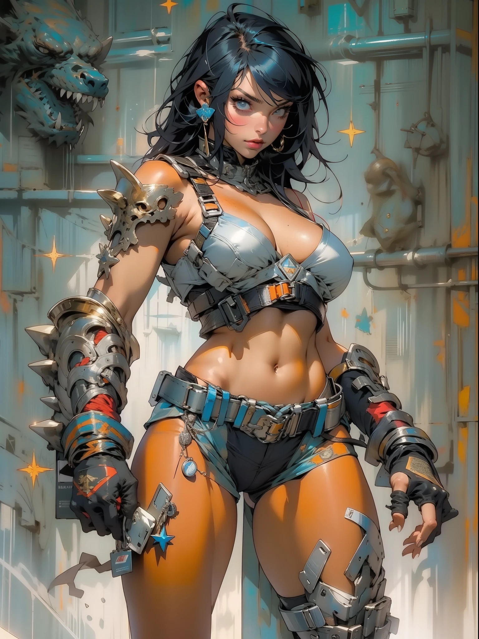 (((mulher))), (((melhor qualidade))), (((obra prima))), (((adulta))), Uma guerreira mulher de 35 anos com corpo perfeito, Brooklyn Gladiators, hand with steel gloves and metal tips, (( under boobs )), quase nua no estilo selvagem urbano de Simon Bisley para a capa da revista Heavy Metal, bionic hand, cabelo moicano colorido, Minimum clothing, armadura (azul escuro com estrelas brancas e vermelho com listras brancas), cheio de pontas e rebites manchadas de tinta, tatuagem de estrelas de 5 pontas, (((corpo inteiro))), cabelo preto curto com franja branca cobrindo a testa