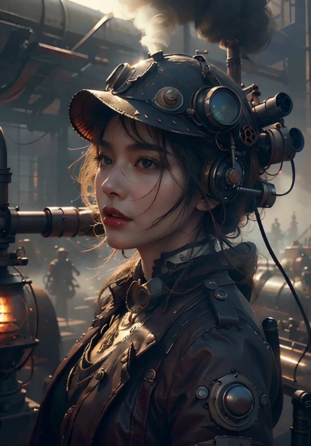 There's a woman with a steam-powered helmet, arte conceitual steampunk, arte steampunk digital, arte steampunk de alta qualidade, Wojtek FUS, arte digital steampunk, detailed steampunk illustration, Portrait of a mechanical woman, arte steampunk, estilo de arte dieselpunk, cyberpunk steampunk, estilo de fantasia steampunk, Arte digital altamente detalhada em 4k, sci-fi steampunk