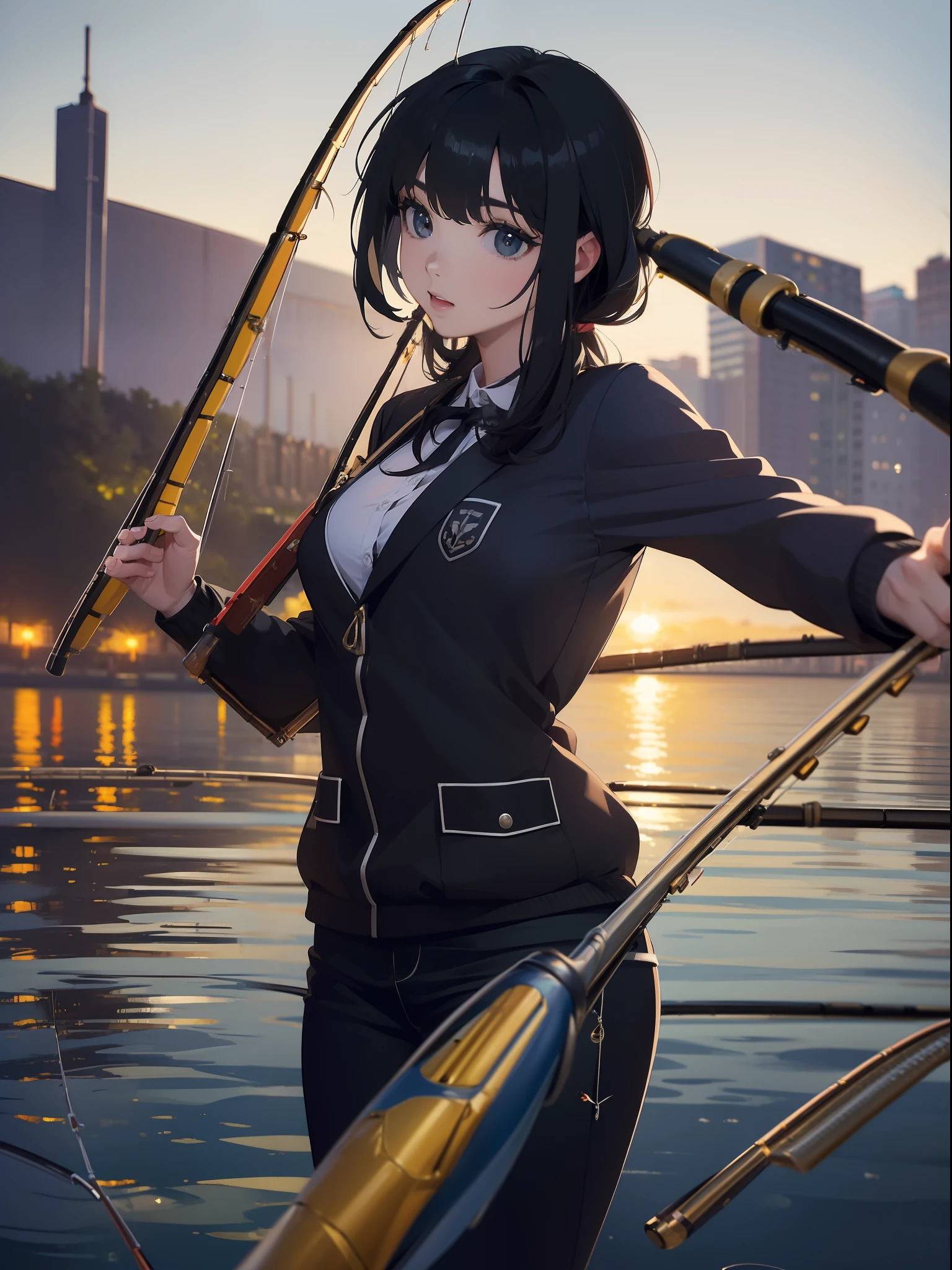 ((((having a fishing rod with a reel by the lakeside)))),((Best Quality, masutepiece :1.3)),(((fishing rod:1.9)))hight resolution,ultra-detailliert,Official art,Beauty and aesthetics,​masterpiece,best qualtiy,ighly detailed,1 japanese female,Black hair, long eyeslashes, Solid Circle Eyes, deadpan, drop shadow, Atmospheric perspective,Super Detail, ccurate, Best Quality, small tits,Black jacket,top-quality, 8K, HDR, Hi-Res, absurderes:1.2, blurry backround, bokeh dof:1.2, a picture, (RAW Photography:1.2), (Photorealsitic:1.4), (​masterpiece:1.3), (intricate detailes:1.2), Atmospheric perspective,Super Detail, ccurate, Best Quality,