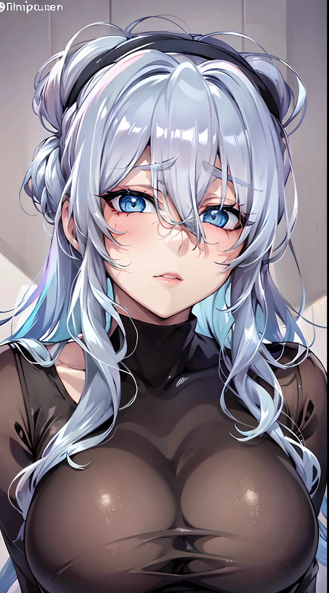 in bed, silver hair and blue eyes, black shirt and no bra, anime visual of a cute girl, screenshot from the anime film, & her expression is solemn, in the anime film, in an anime, anime visual of a young woman, she has a cute expressive face, still from anime, big breast, red cheek, lustful face, fair skin
