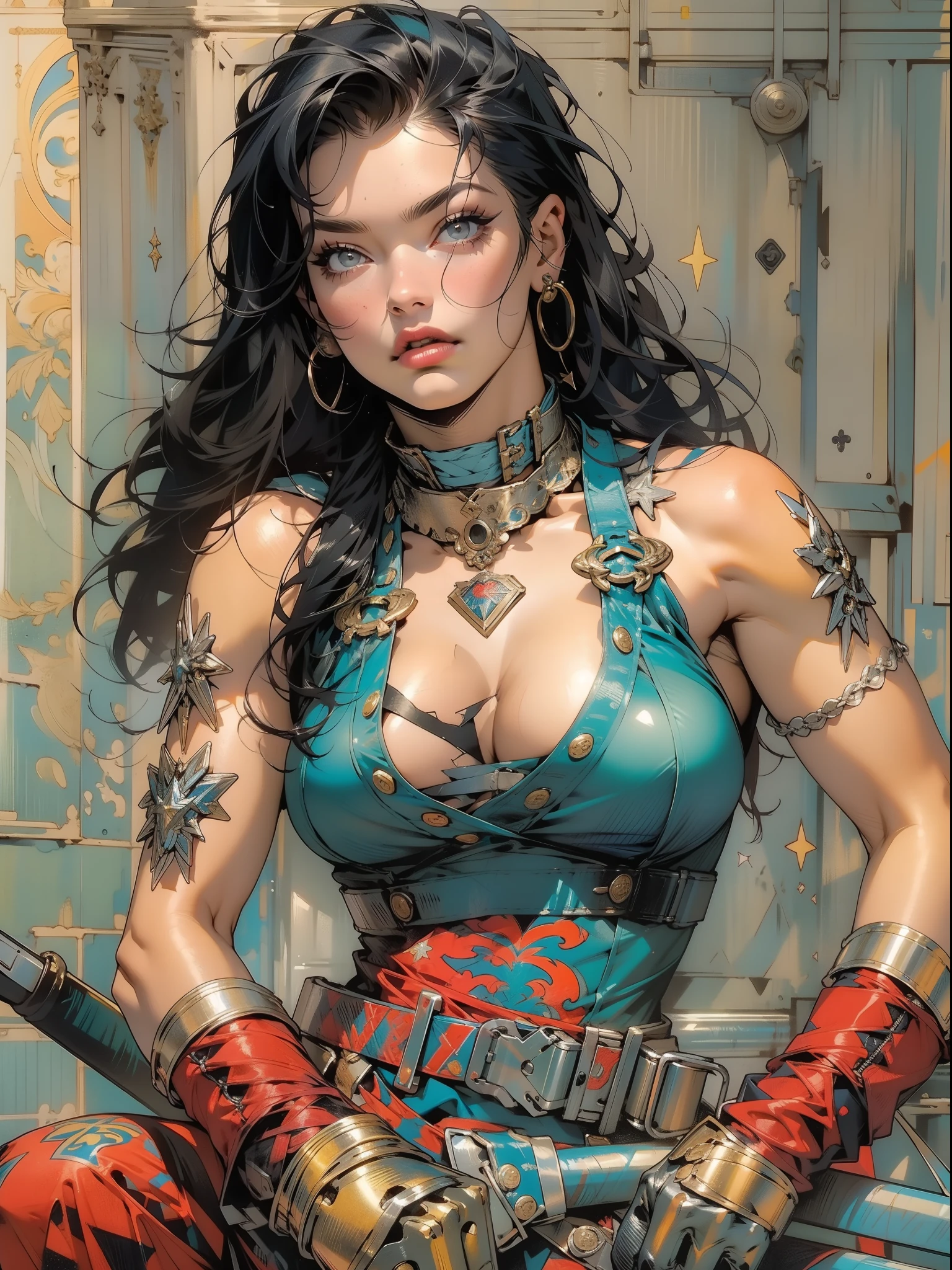 (((mulher))), (((melhor qualidade))), (((obra prima))), (((adulta))), Uma guerreira mulher de 35 anos com corpo perfeito, Brooklyn Gladiators, hand with steel gloves and metal tips, (( under boobs )), quase nua no estilo selvagem urbano de Simon Bisley para a capa da revista Heavy Metal, bionic hand, cabelo moicano colorido, Minimum clothing, armadura (azul escuro com estrelas brancas e vermelho com listras brancas), cheio de pontas e rebites manchadas de tinta, tatuagem de estrelas de 5 pontas, (((corpo inteiro))), cabelo preto curto com franja branca cobrindo a testa