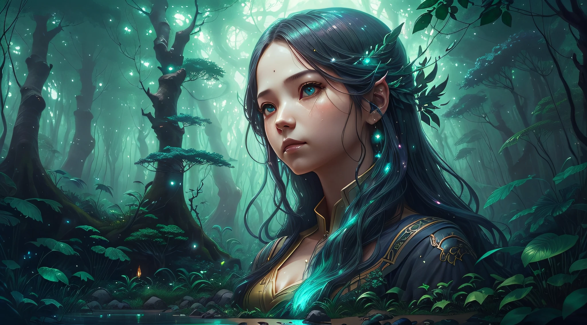 Generate a small female forest spirit ((criado no estilo de Ruan Jia artstation)). A mulher deve ter um rosto lindamente detalhado e olhos com sombreamento realista. Ela deve estar em um encantamento, caprichoso, and lush vegetation (criado no estilo de Hayao Miyazaki). include ethereal glow, Mystical creatures, cores vibrantes, dreamlike atmosphere, realismo. wideshot mostrando paisagem. include phantasmatic iridescence and fantasy details