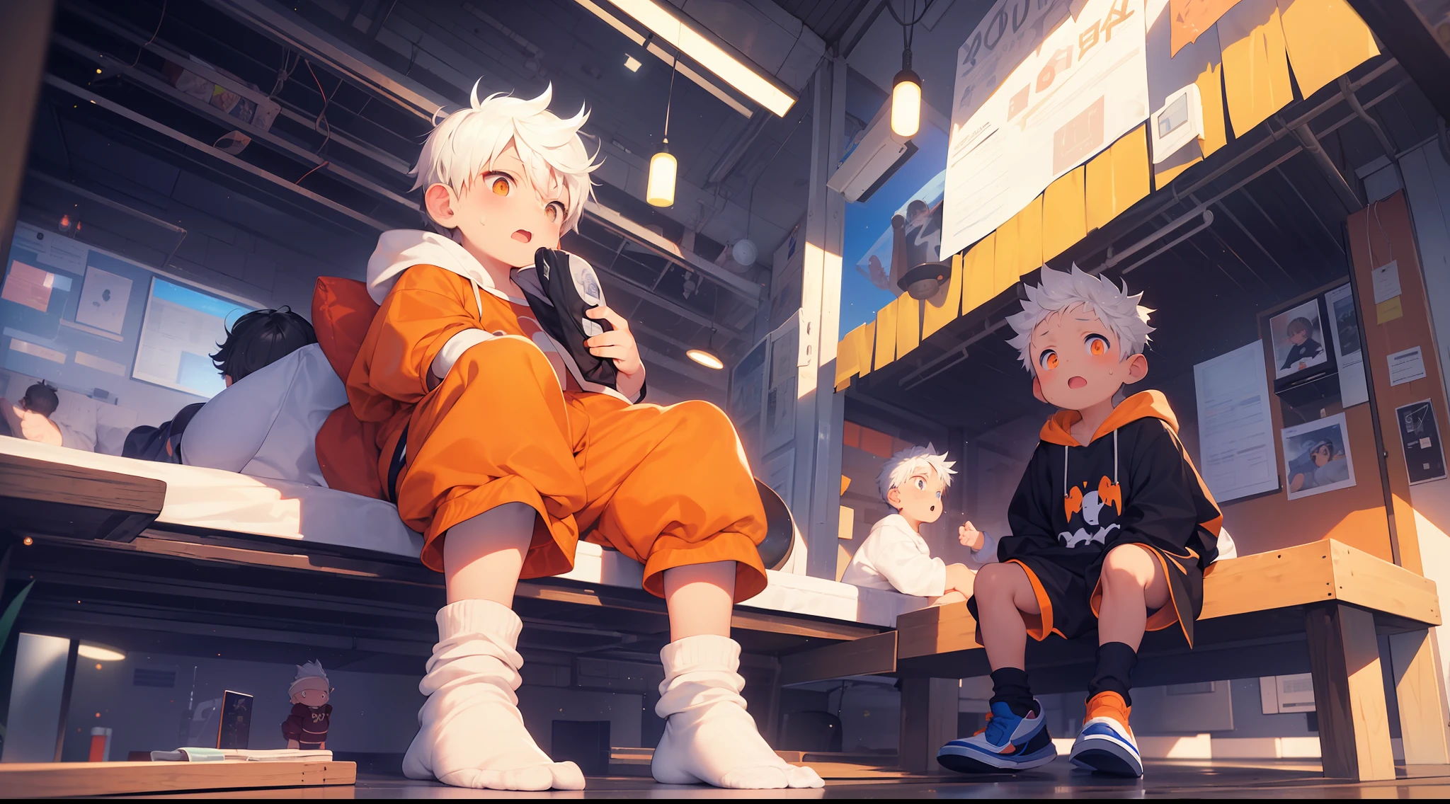 2 chubby Little boys with White hair and shiny orange eyes and colorful socks wearing a hoodie, and oversized sweatpants sitting on a bed, young, boy, child, small, toddler, sparkles falling from sky, night, dark, soft light, (sweatpants:1.4), (socks:1.4), (Boy:1.4), (Shota:1.4), (Young:1.4), (Male:1.4)