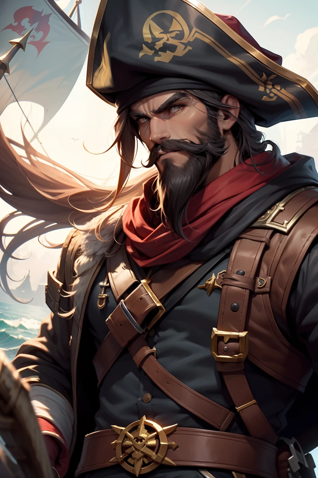 Imagine a detailed illustration of the Pirate character Gangplank from the game League of Legends. A imagem retrata Gangplank em uma pose intimidadora e imponente, as the dreaded pirate captain he is. Its look follows the iconic style of the game, with characteristic elements of the character. The illustration presents a wealth of detail, desde as rugas em seu rosto, expressing your maritime experience, even the pirate accessories he wears, Like a captain's hat, a hook in place of one hand and a wooden leg. Your clothes are worn, revelando sua vida no mar. The lighting of the scene is dramatic, destacando as sombras e criando um clima misterioso ao redor do personagem. Ao fundo, There are maritime elements, como um navio pirata, ondas agitadas ou uma ilha distante, that reinforce the pirate theme. The art is done in the style of League of Legends, with vibrant colors and striking strokes. It captures the ruthless and fierce essence of Gangplank, conveying his aura of danger and leadership. No geral, The image is an impressive and inspiring representation of the character, ready to immerse League of Legends fans in the pirate world of Gangplank