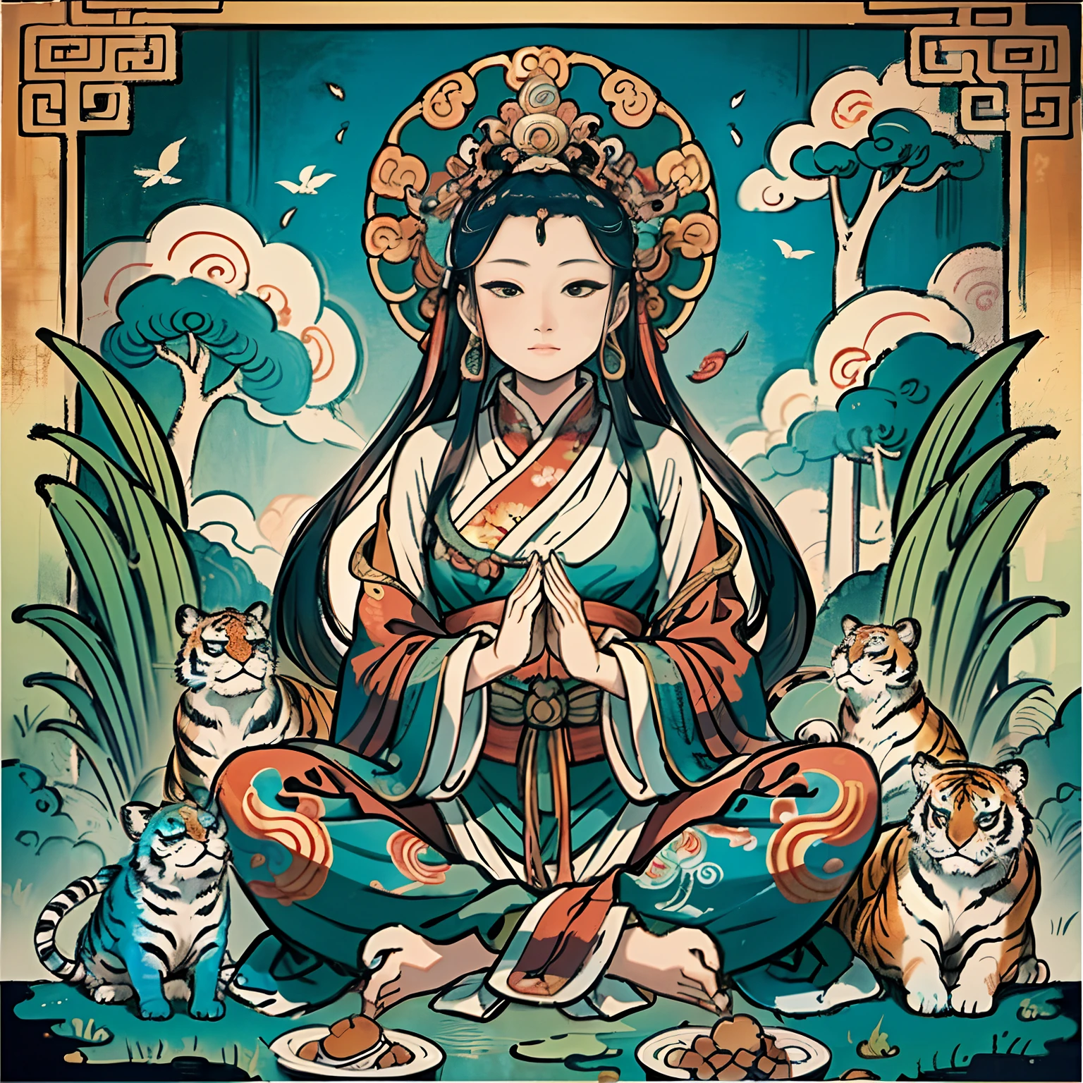an ancient Chinese goddess, guanyin of the southern seas, Guanyin, Inspired by India, Avalokiteshvara rides a tiger,,Serene expression,shui mo hua,Buddha,Buddhist,Lotus,Chinese painting style,Thangka style