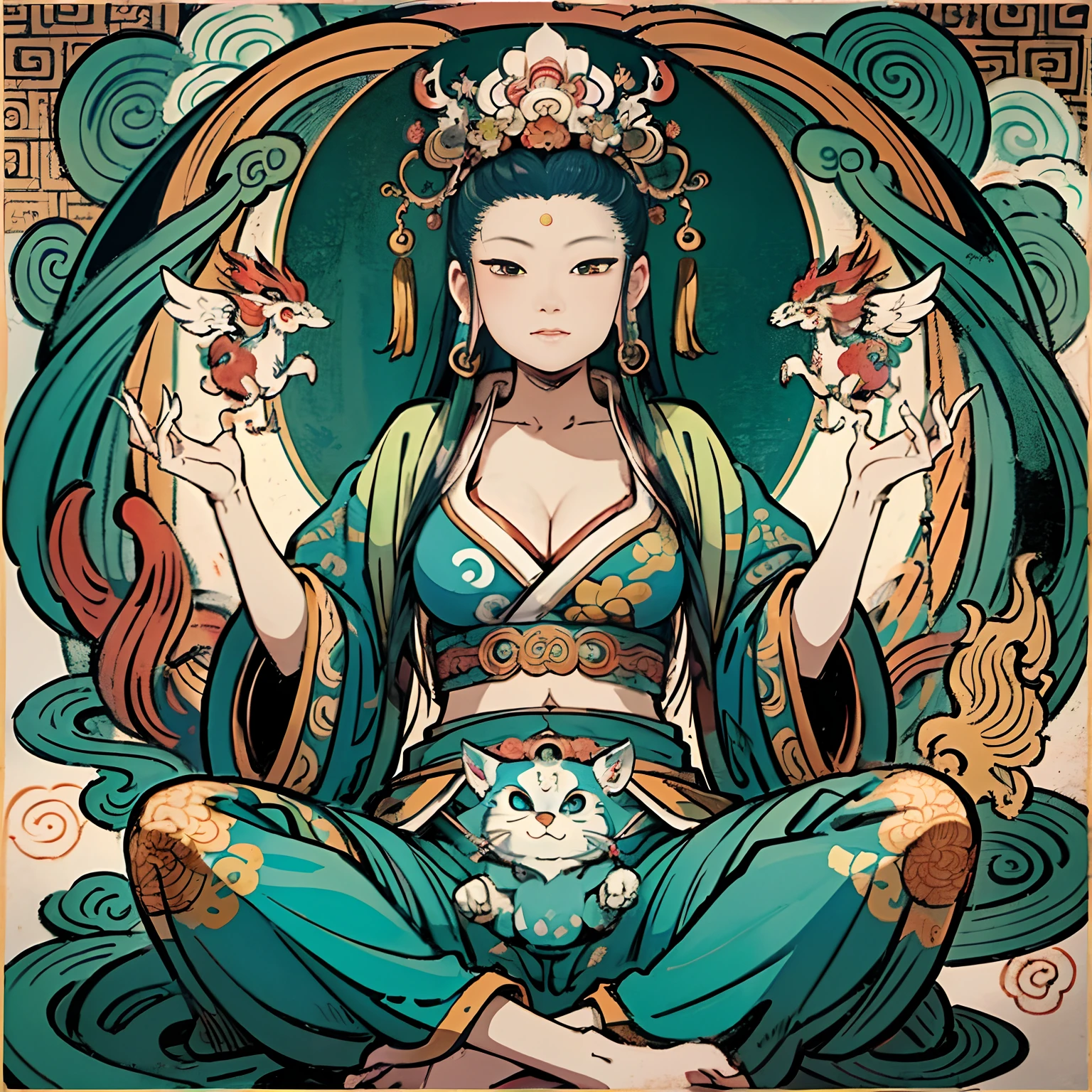 an ancient Chinese goddess, guanyin of the southern seas, Guanyin, Inspired by India, Avalokiteshvara rides a phoenix,,Serene expression,shui mo hua,Buddha,Buddhist,Lotus,Chinese painting style,Thangka style