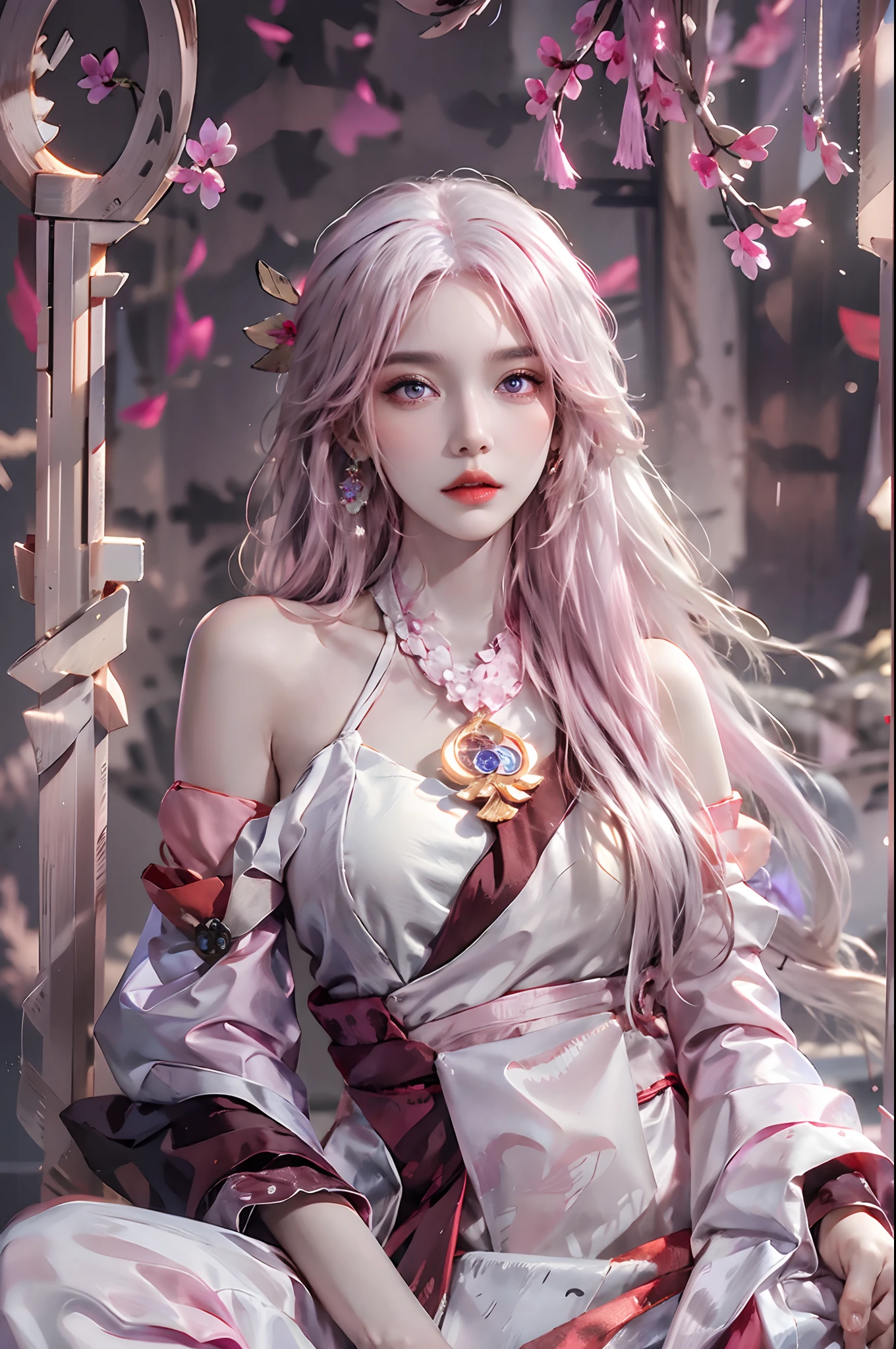 photorealistic, high resolution, 1 woman, white hair, hips up, yae miko, audult, detached sleeves, bare shoulders, pink hair, long hair, best quality, (hair ornament:1.35), jewelry, purple eyes, earrings,