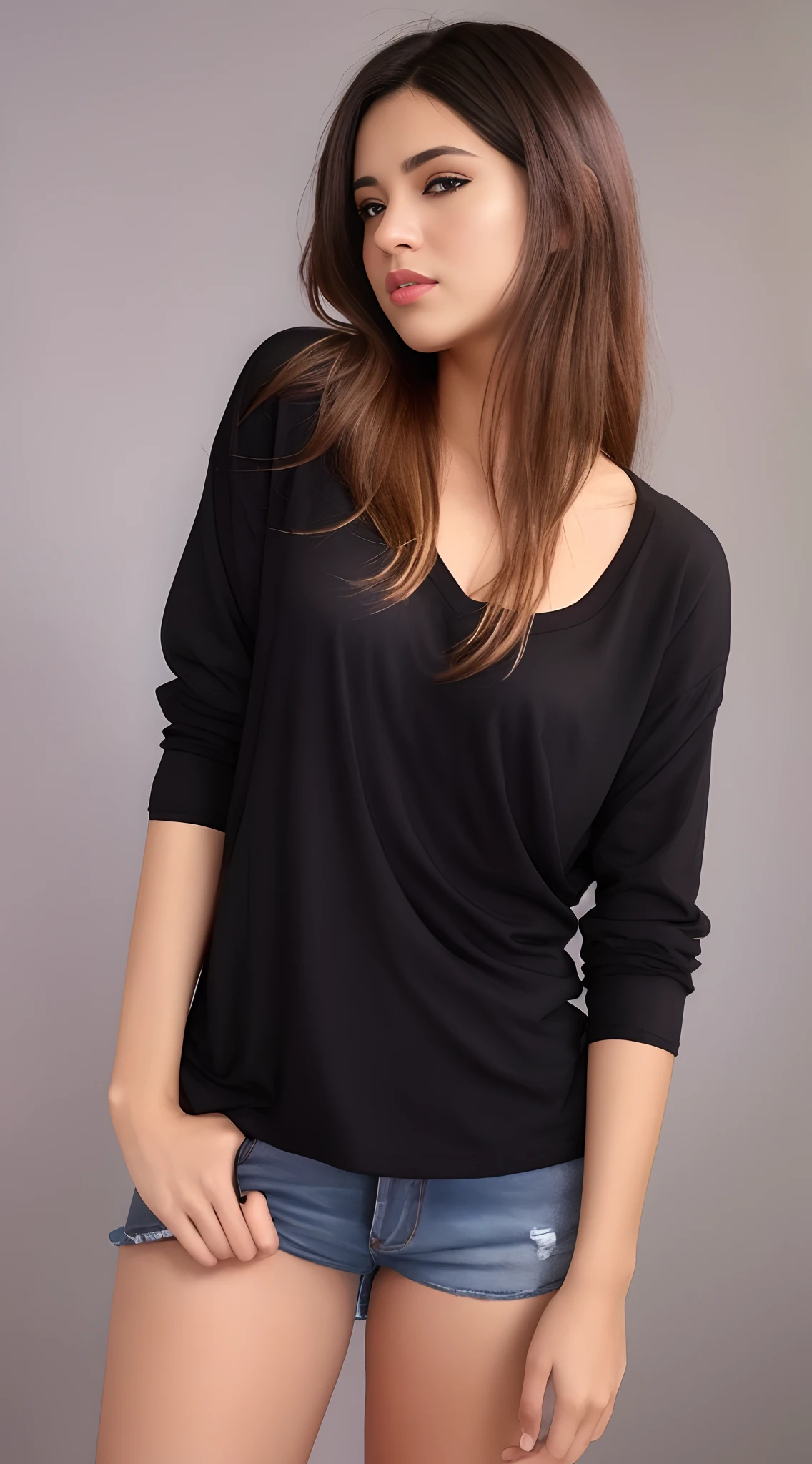 uma mulher linda de camisa preta e bermuda curta jeans posando para uma foto, camisa preta, camiseta preta, tampo preto, roupas pretas oversized, roupas pretas casuais, black tunic, black sweater, T-shirt preta, camiseta preta, vestindo uma camisa preta, vestindo camiseta preta, wearing v - neck top, manga comprida, vestindo uma camiseta preta