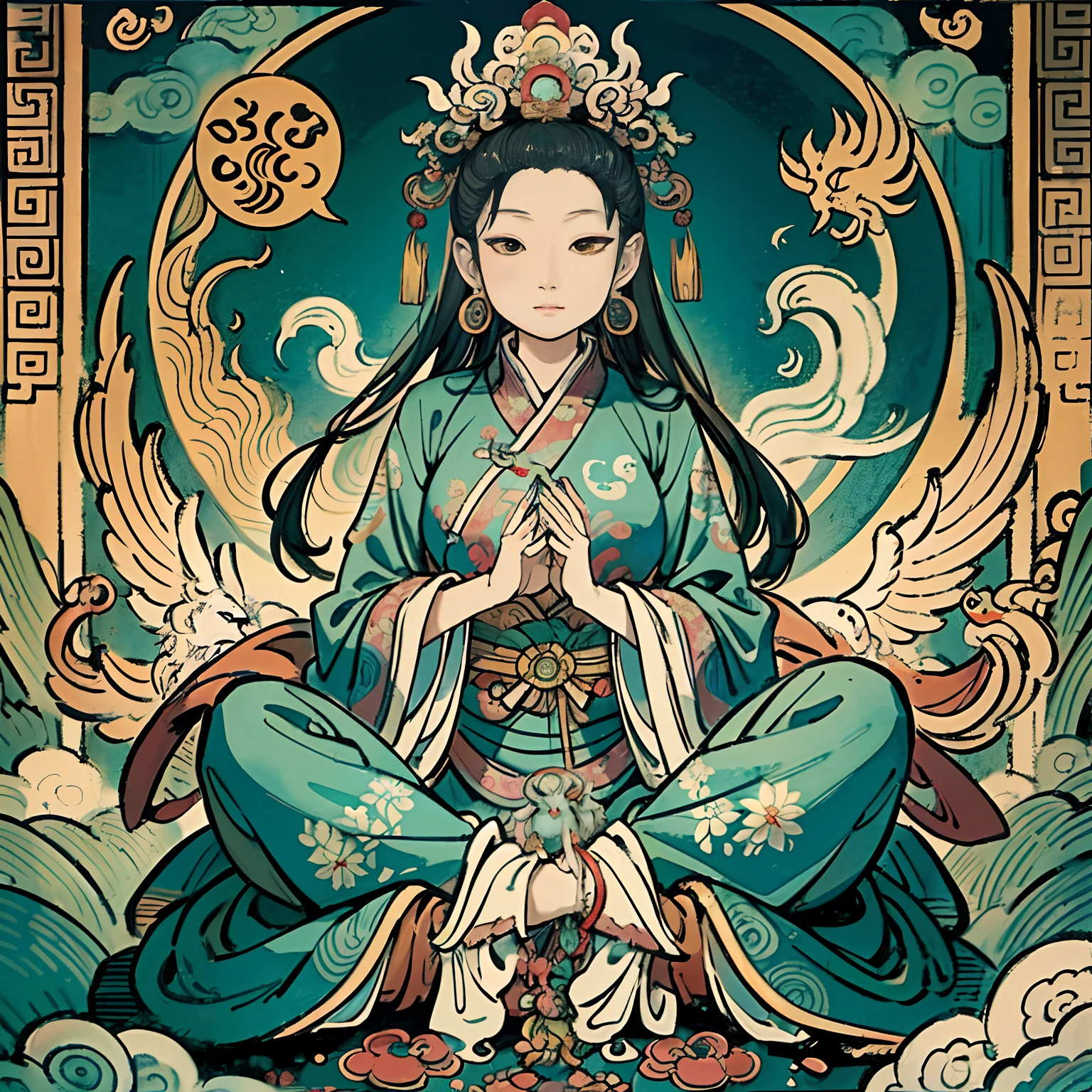an ancient Chinese goddess, guanyin of the southern seas, Guanyin, Inspired by India, Avalokiteshvara rides a phoenix，,Serene expression,shui mo hua,Buddha,Buddhist,Lotus,Chinese painting style,Thangka style
