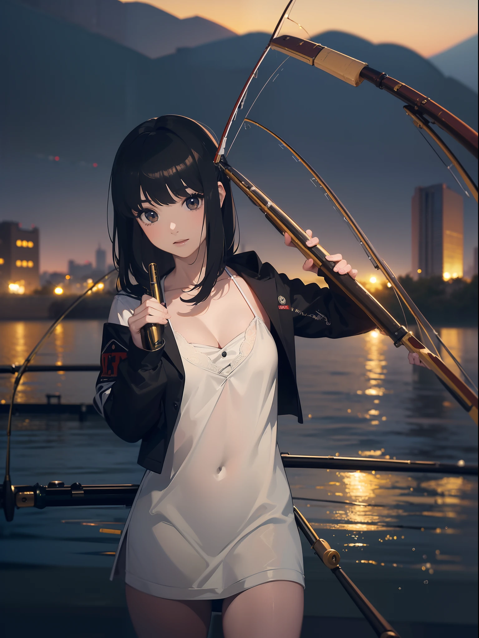 ((((having a fishing rod with a reel by the lakeside)))),((Best Quality, masutepiece :1.3)),((( just one fishing rod:1.9)))hight resolution,ultra-detailliert,Official art,Beauty and aesthetics,masterpiece,best qualtiy,ighly detailed,1 japanese female,Black hair, long eyeslashes, Solid Circle Eyes, deadpan, drop shadow, Atmospheric perspective,Super Detail, ccurate, Best Quality, small tits,Black jacket,top-quality, 8K, HDR, Hi-Res, absurderes:1.2, blurry backround, bokeh dof:1.2, a picture, (RAW Photography:1.2), (Photorealsitic:1.4), (masterpiece:1.3), (intricate detailes:1.2), Atmospheric perspective,Super Detail, ccurate, Best Quality,