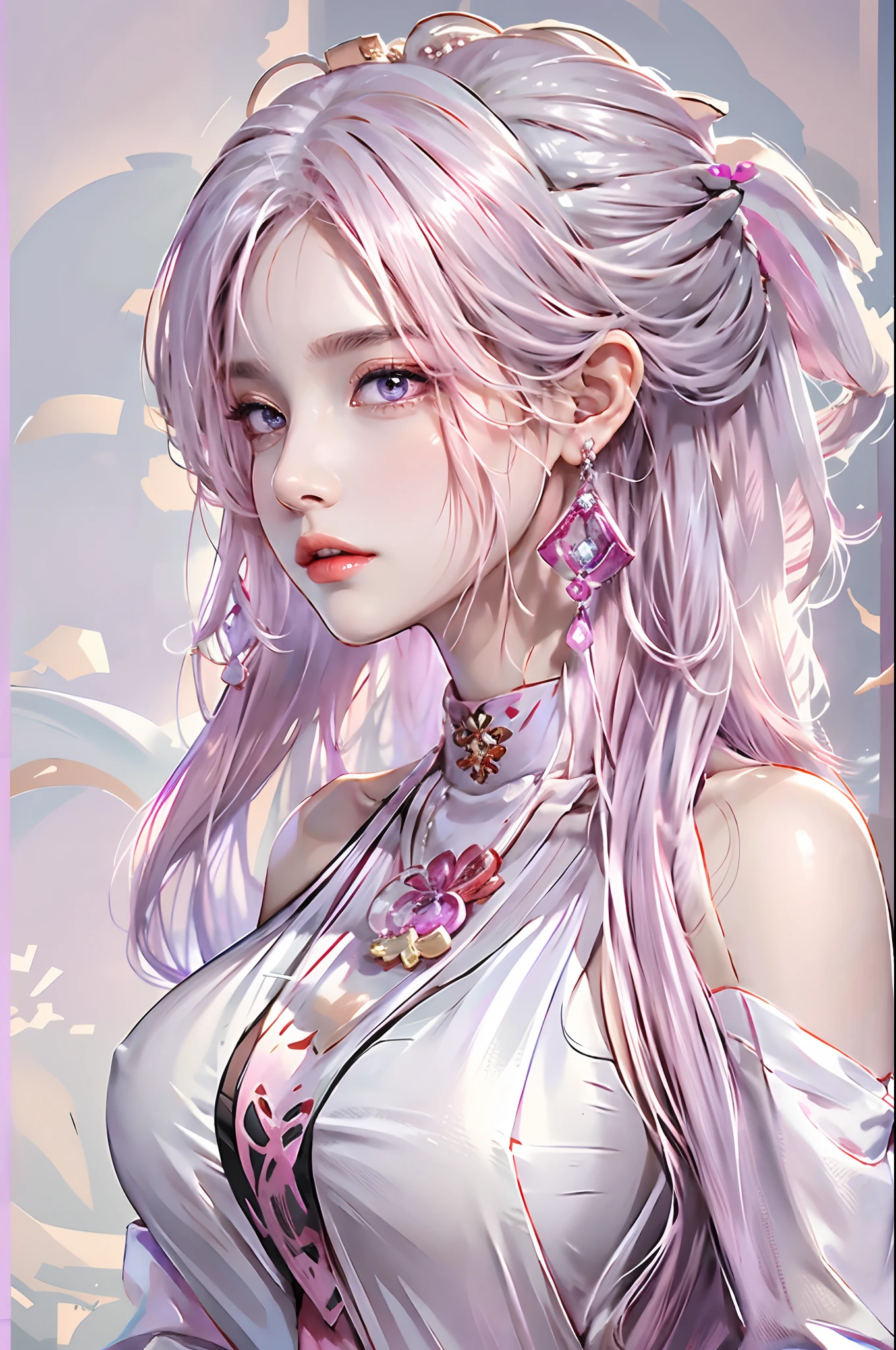 photorealistic, high resolution, 1 woman, white hair, hips up, yae miko, audult, detached sleeves, bare shoulders, pink hair, long hair, best quality, (hair ornament:1.35), jewelry, purple eyes, earrings,