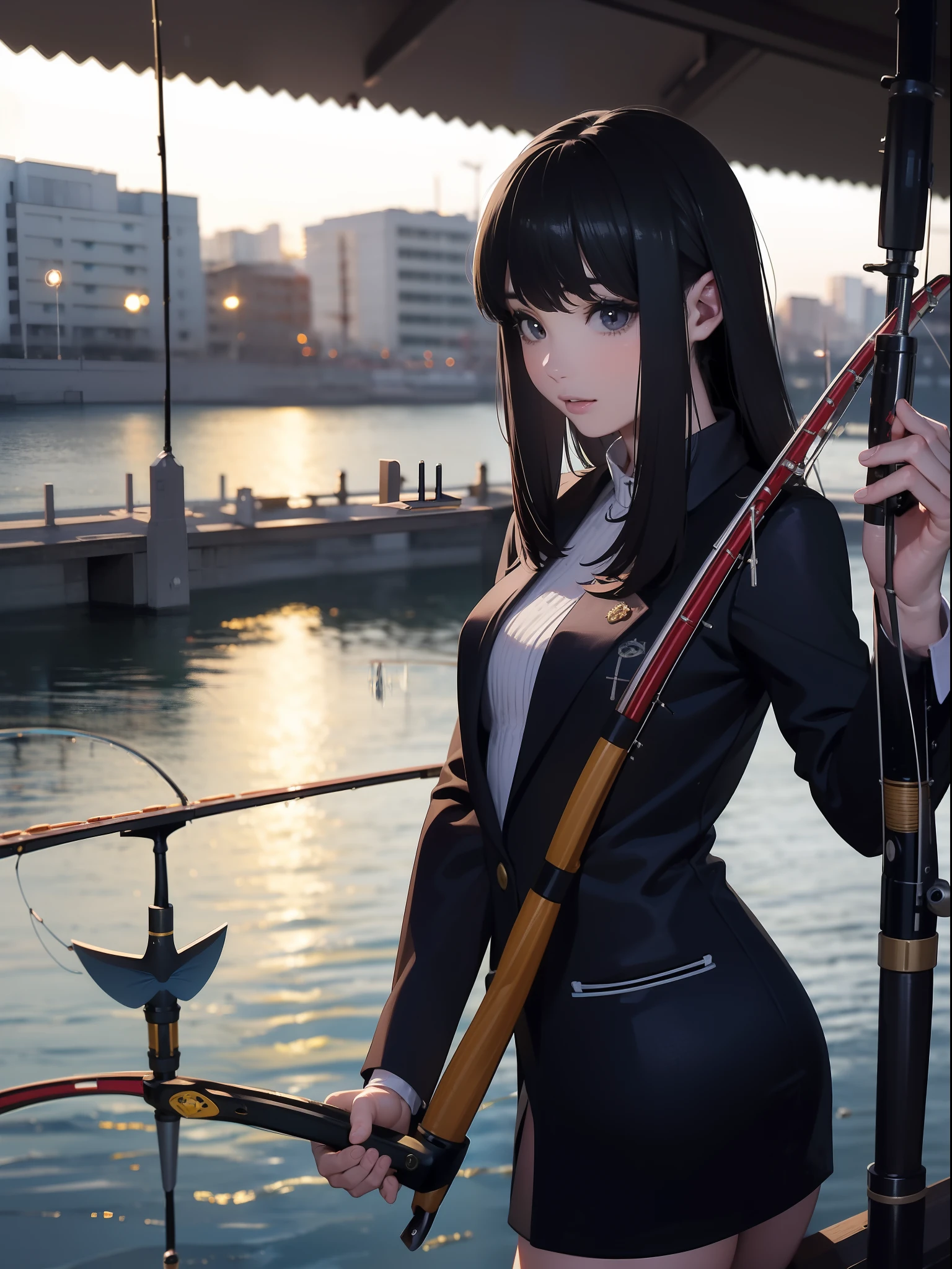 ((((having a fishing rod with a reel by the lakeside)))),((Best Quality, masutepiece :1.3)),((( just one fishing rod:1.9)))hight resolution,ultra-detailliert,Official art,Beauty and aesthetics,masterpiece,best qualtiy,ighly detailed,1 japanese female,Black hair, long eyeslashes, Solid Circle Eyes, deadpan, drop shadow, Atmospheric perspective,Super Detail, ccurate, Best Quality, small tits,Black jacket,top-quality, 8K, HDR, Hi-Res, absurderes:1.2, blurry backround, bokeh dof:1.2, a picture, (RAW Photography:1.2), (Photorealsitic:1.4), (masterpiece:1.3), (intricate detailes:1.2), Atmospheric perspective,Super Detail, ccurate, Best Quality,