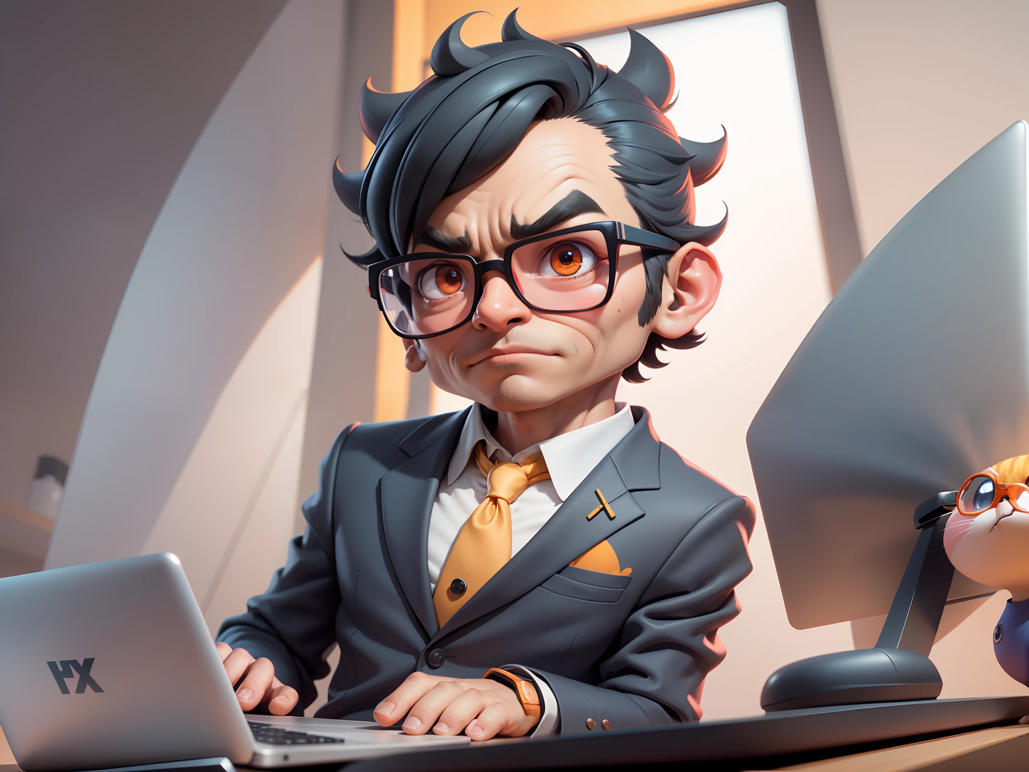 A young man in a suit, Short hair and glasses sat at his desk,holding laptop,digitial painting,tigre,3D character design by Mark Clairen and Pixar and Hayao Miyazaki and Akira Toriyama,4K HD illustration,Very detailed facial features and cartoon-style visuals。