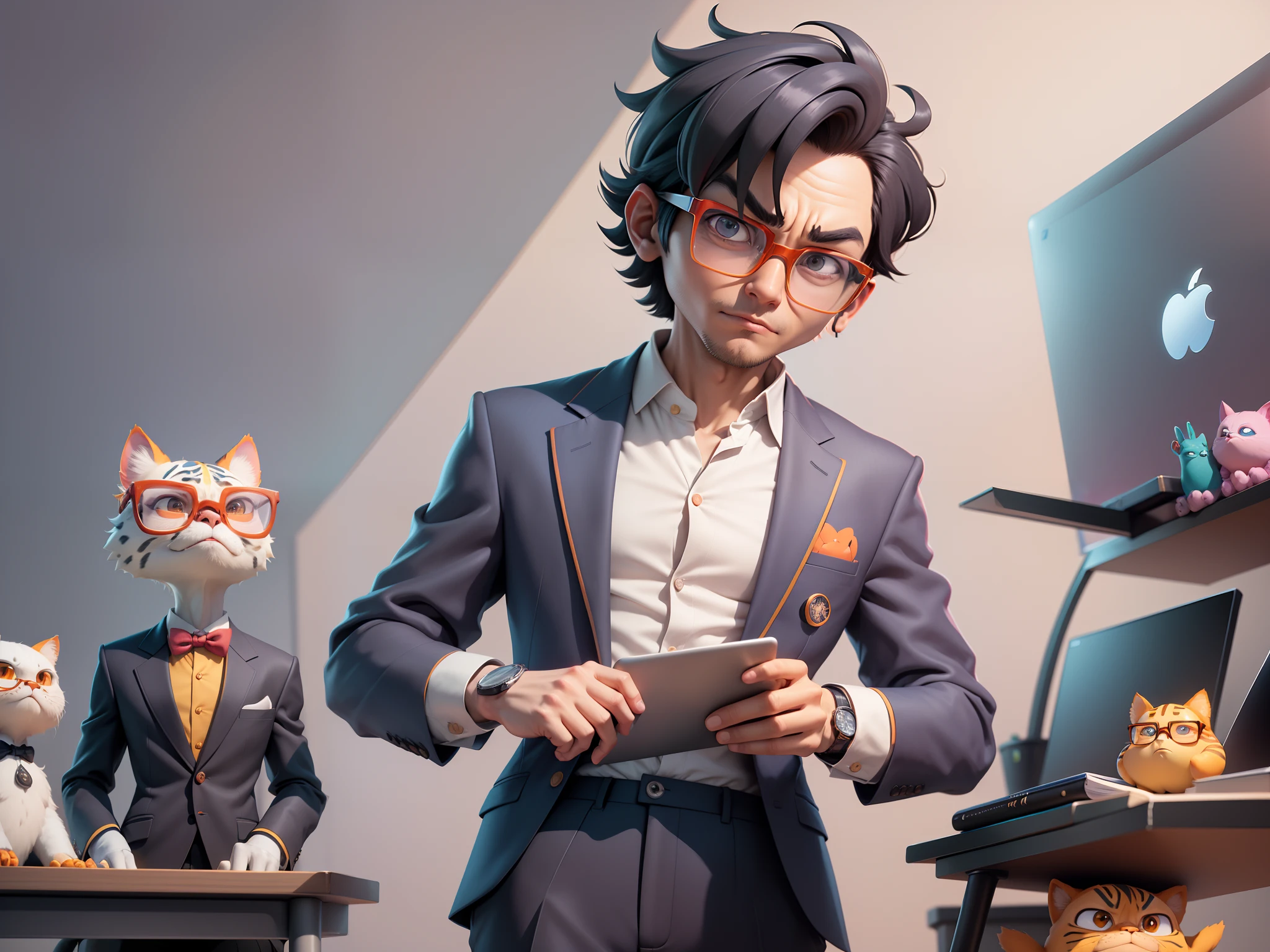 A young man in a suit, Short hair and glasses sat at his desk,holding laptop,digitial painting,tigre,3D character design by Mark Clairen and Pixar and Hayao Miyazaki and Akira Toriyama,4K HD illustration,Very detailed facial features and cartoon-style visuals。