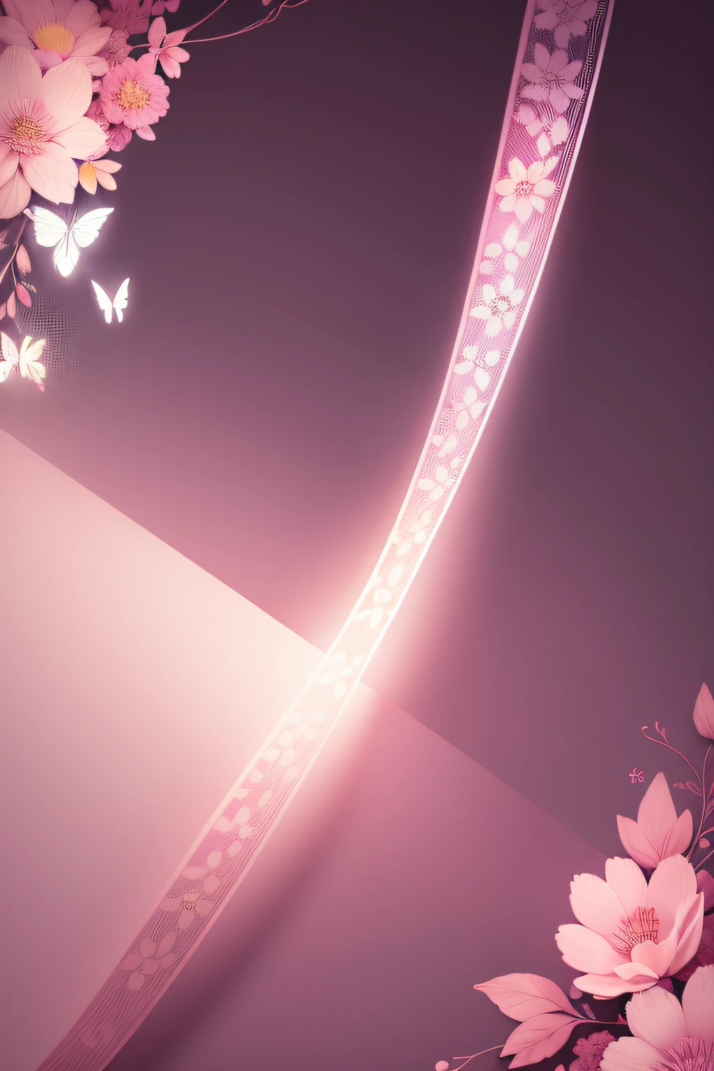 create a wallpaper with the letter V in the center in large-scale color of pink tones gradient center of the image, ocupando quase a totalidade do papel, with flowers and leaves in its surroundings converging with the letter V and contrasting with an elegant light lilac background with colorful butterflies adorning the environment with the letter v in the center